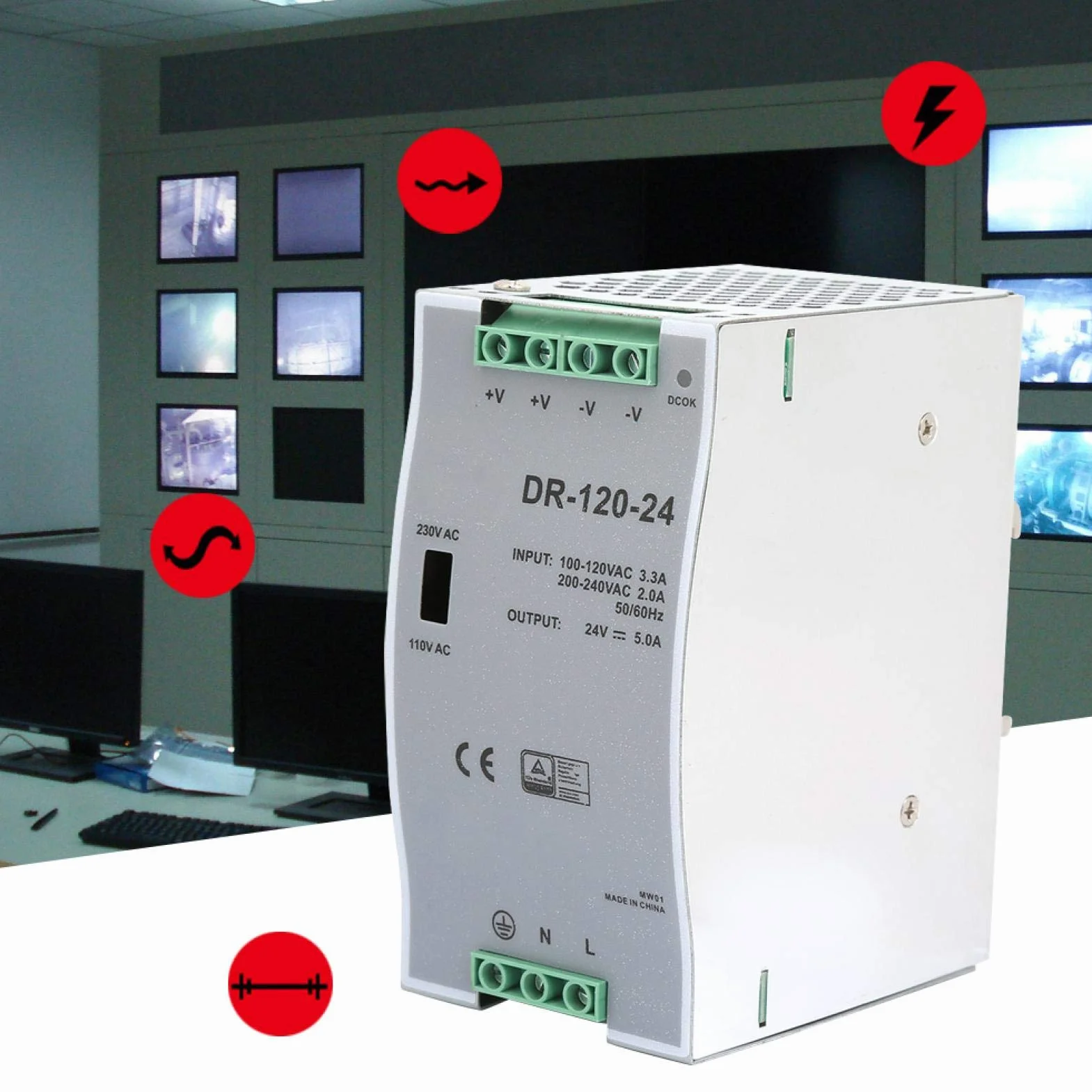 100~240 V 24 V 5 A 35 mm DIN-szynowy zasilacz impulsowy wydajna szyna AC/DC przemysłowa DIN, 120 W, źródło prądu modulacja szerokości impulsów dla przemysłu