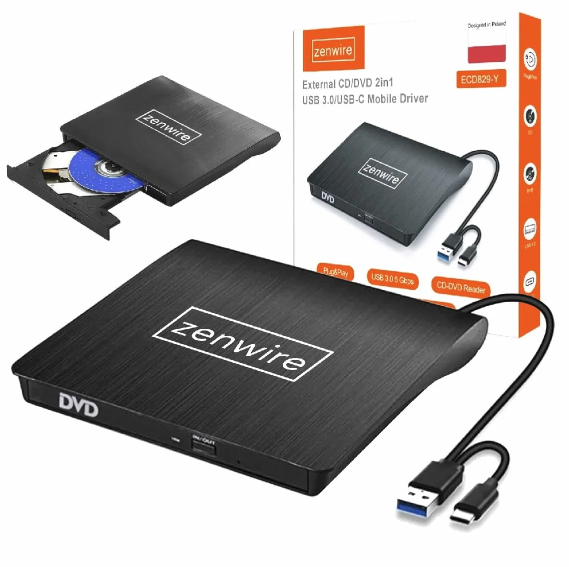 Napęd Zewnętrzny CD/DVD USB Slim do Laptopa Kompatybilny z Windows Mac Linux