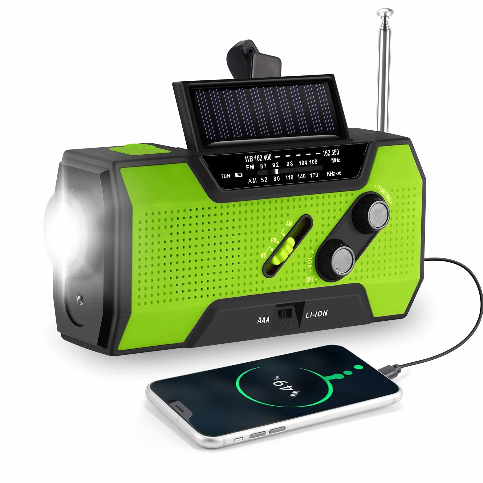 Przenośne radio korbowe AM/FM/NOAA z powerbankiem i latarką, 4 tryby ładowania, alarm SOS