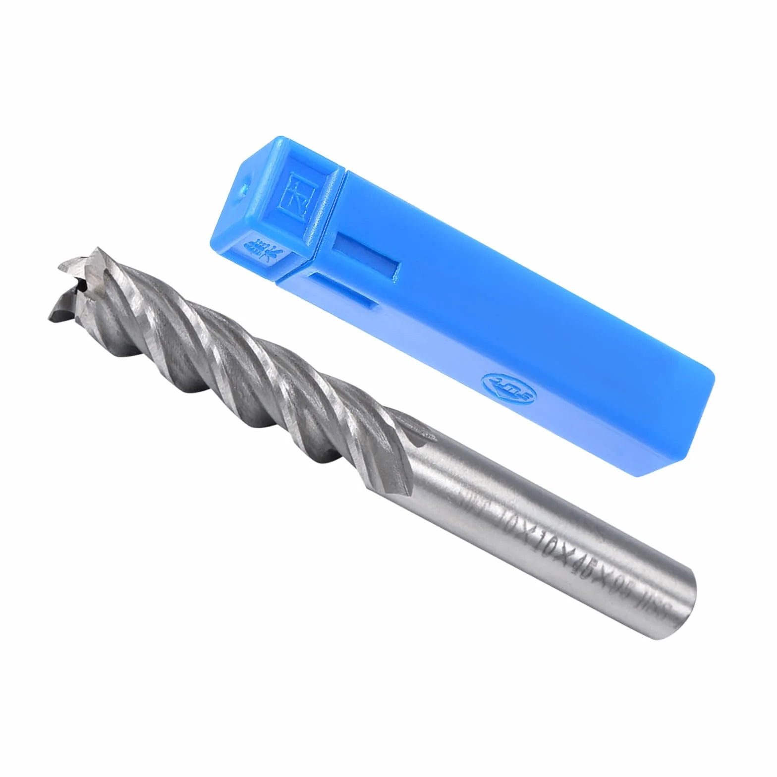 Frez spiralny z 4 ostrzami, średnica 10 mm, długość 45 mm, prosty frez ze stali szybkotnącej z etui - (zastosowanie: sklejka z tworzywa sztucznego)
