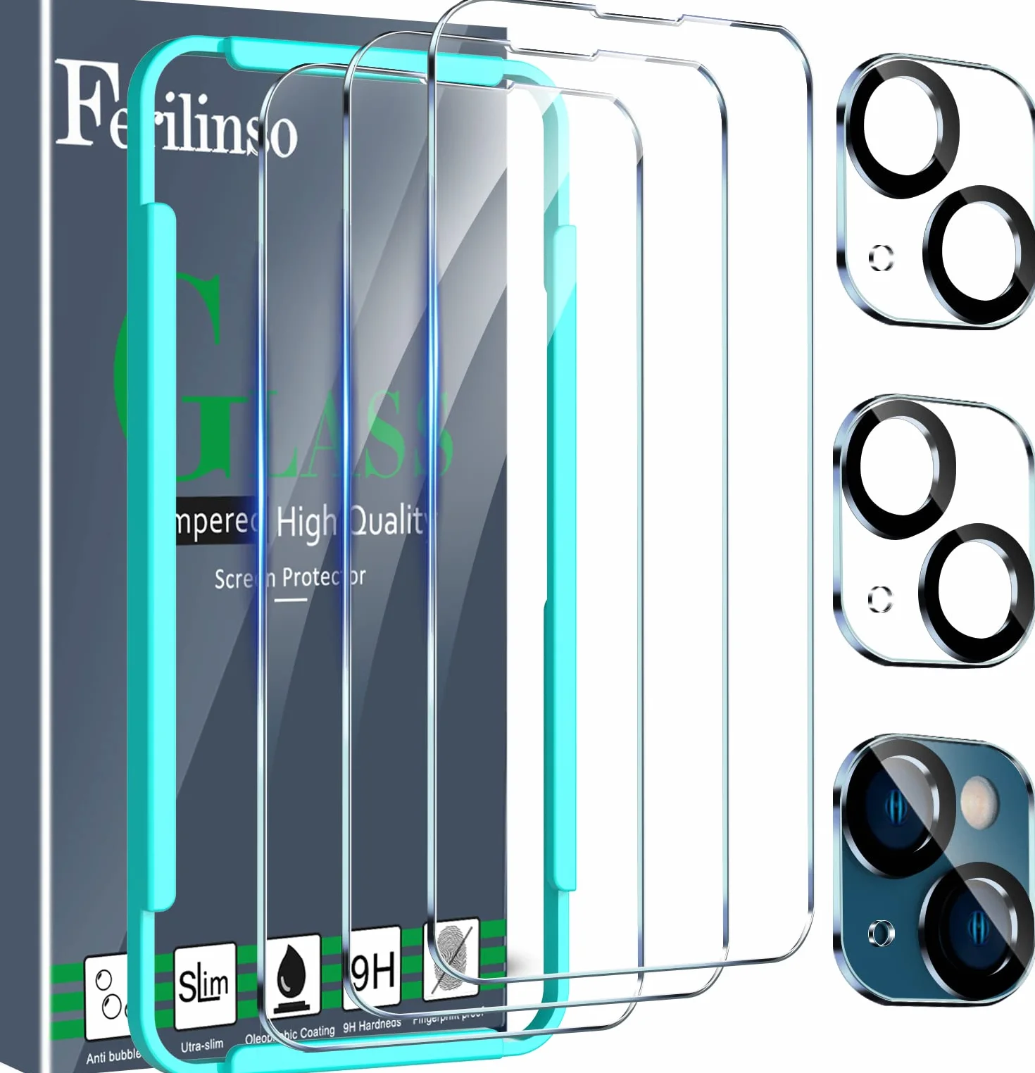 Ferilinso for iPhone 14 & 13 3 Pack Screen Protector + 2 Pack Camera Lens Protector