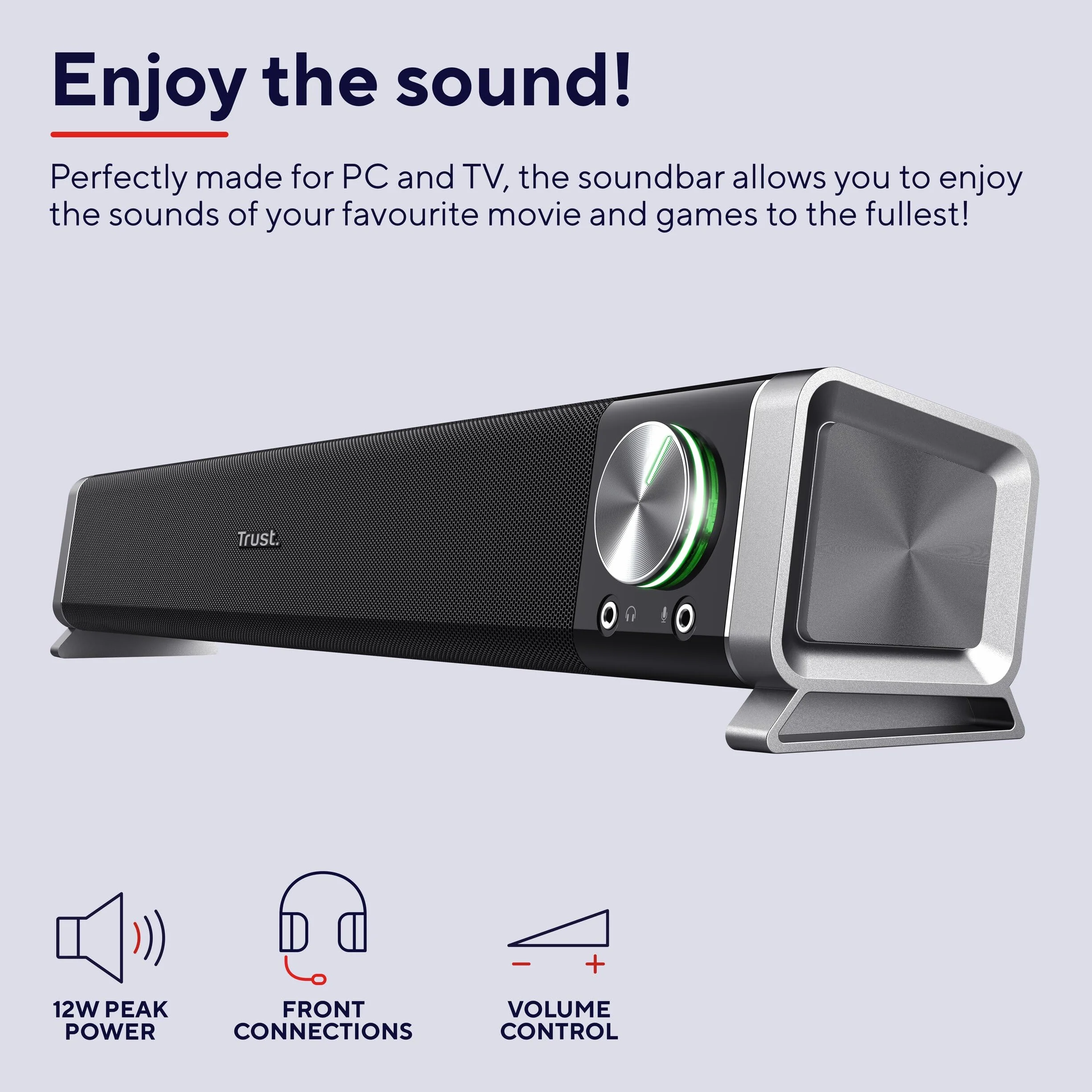 Trust Asto 12 W głośnik PC Soundbar, ze złączami do słuchawek i mikrofonu, zasilanie USB, system audio do komputera, laptopa, telewizora - czarny