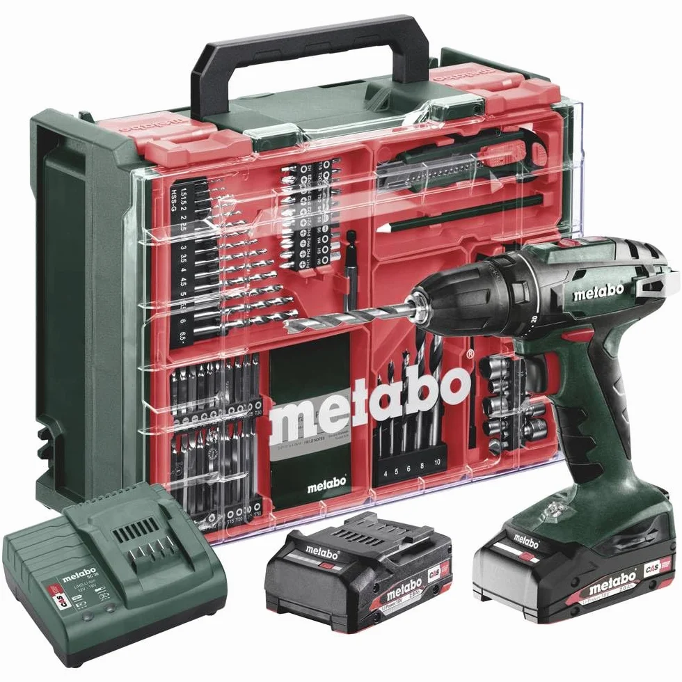 Metabo werke GmbH BS 18 zestaw wiertarko-wkrętarek akumulatorowych (18 V 2 x 2 Ah LiPOWER, ładowarka SC 30, walizka z tworzywa sztucznego z 74-częściowym mobilnym warsztatem, szybkozaciskowy uchwyt