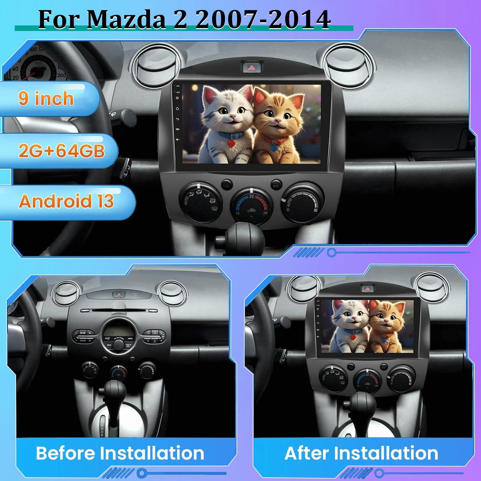 Radio samochodowe 9-calowy Android 13 2+64G do Mazdy 2 2007-2014 Bezprzewodowe Carplay Android Auto WiFi GPS FM RDS Kamera cofania AHD