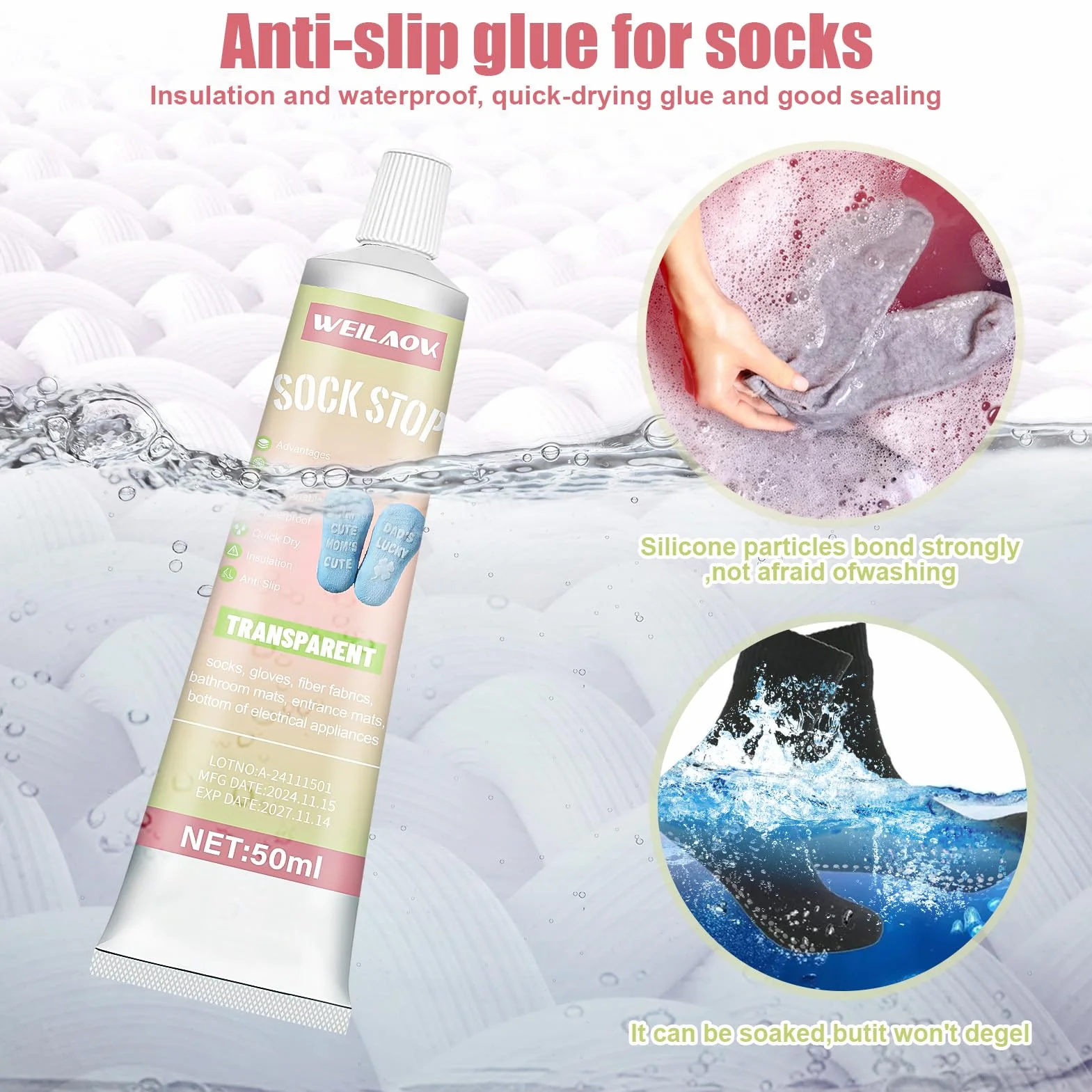 Sock Stop antypoślizgowy krem – stoper do skarpet, płynny antypoślizgowy klej do skarpet, przezroczysty, 50 ml