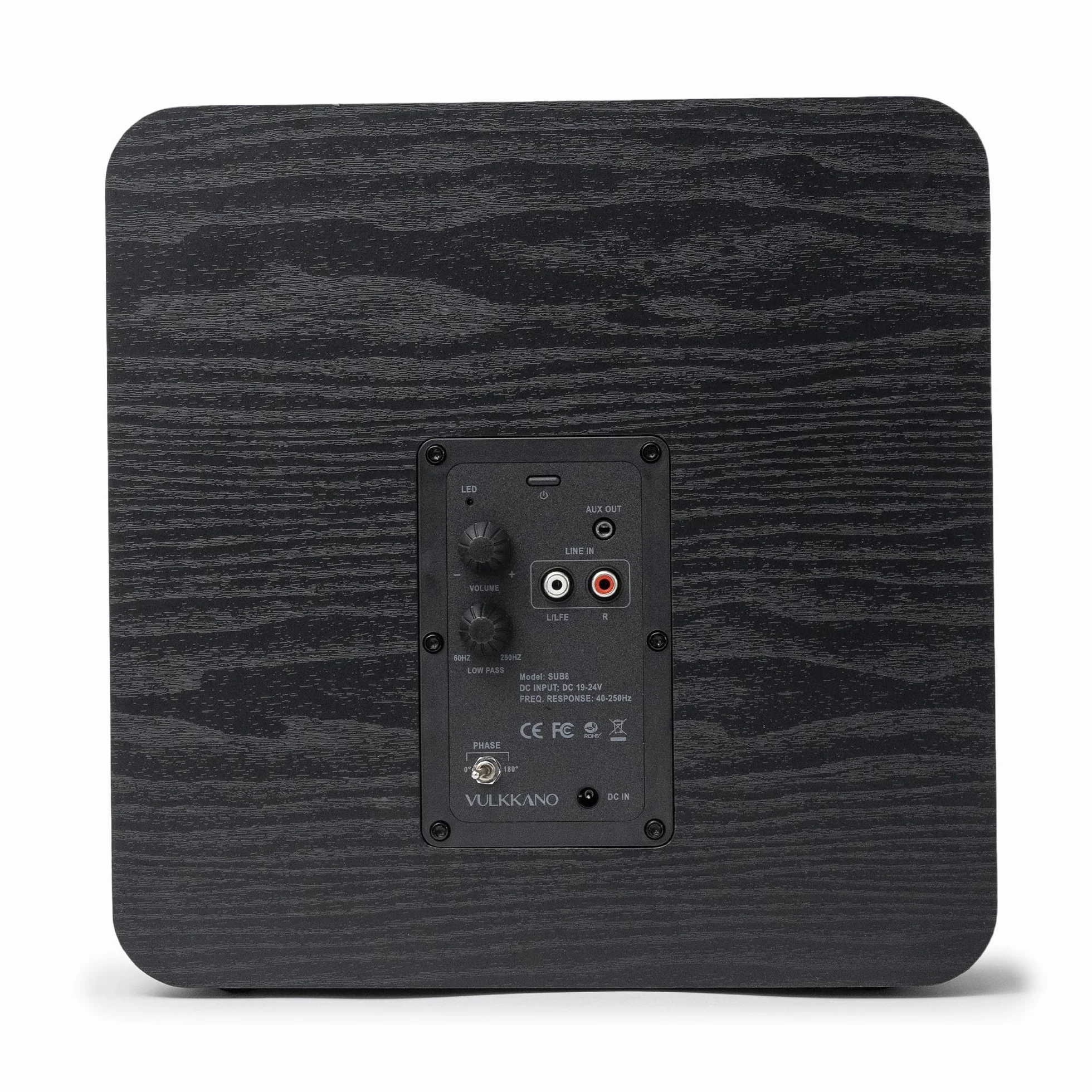 VULKKANO SUB8 Subwoofer aktywny 8-calowy, zasilany mocą 80 W RMS, częstotliwość 40 Hz - 250 Hz, regulowana zwrotnica, domowe audio i kino.