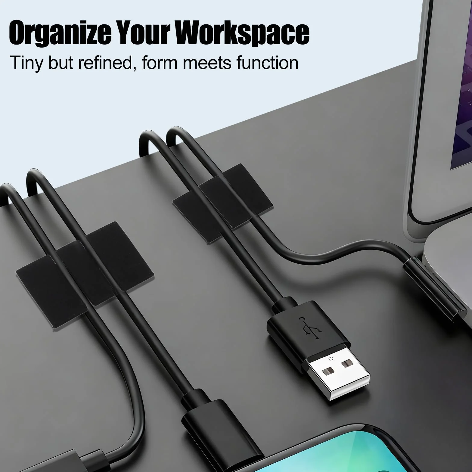 4 uchwyty na kable, klipsy do kabli, do zarządzania kablami, uniwersalny organizer, samoprzylepne uchwyty na kable, na biurko, kabel sieciowy, ładowarki, kabel USB do ładowania