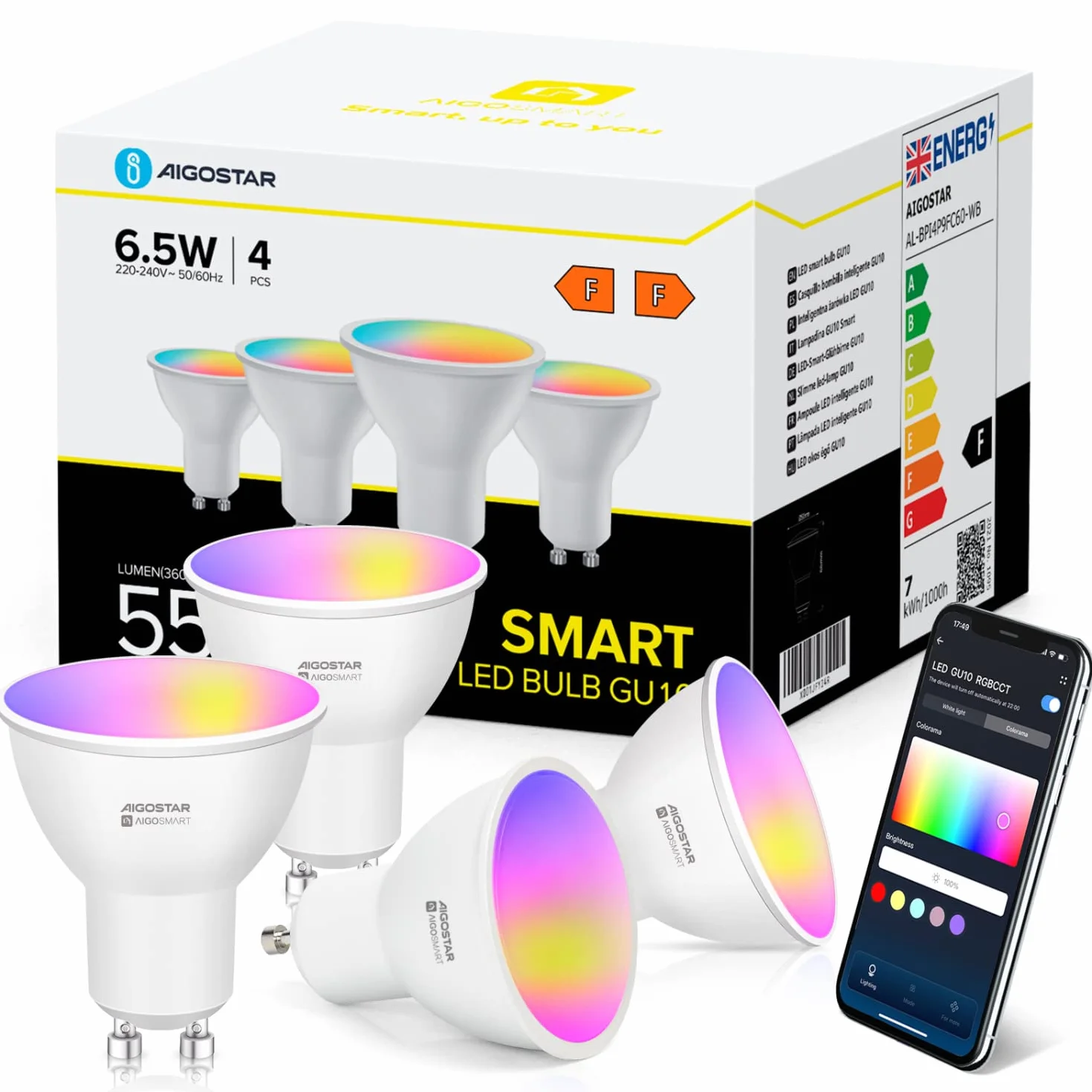 Żarówka LED Aigostar Wifi GU10 Smart Light Bulb 7W 555LM, Alexa Light Bulb RGB i 2700K-6500K, ściemnialna, połączona, WiFi, kompatybilna z Google Home/Alexa, 4 sztuk