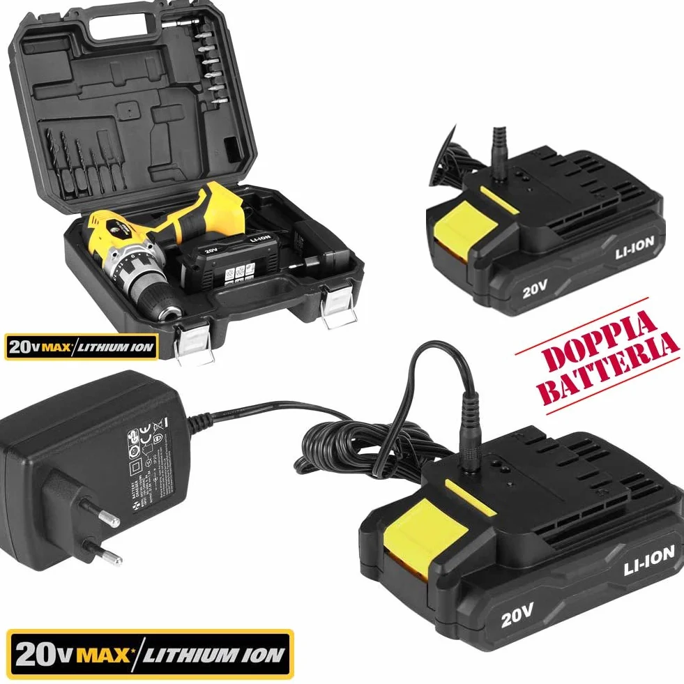 Bakaji Power Tools Wiertarka litowo-akumulatorowa w walizce akumulatorowa podwójna prędkość (wiertarka 20V + 2 baterie litowo-jonowe)