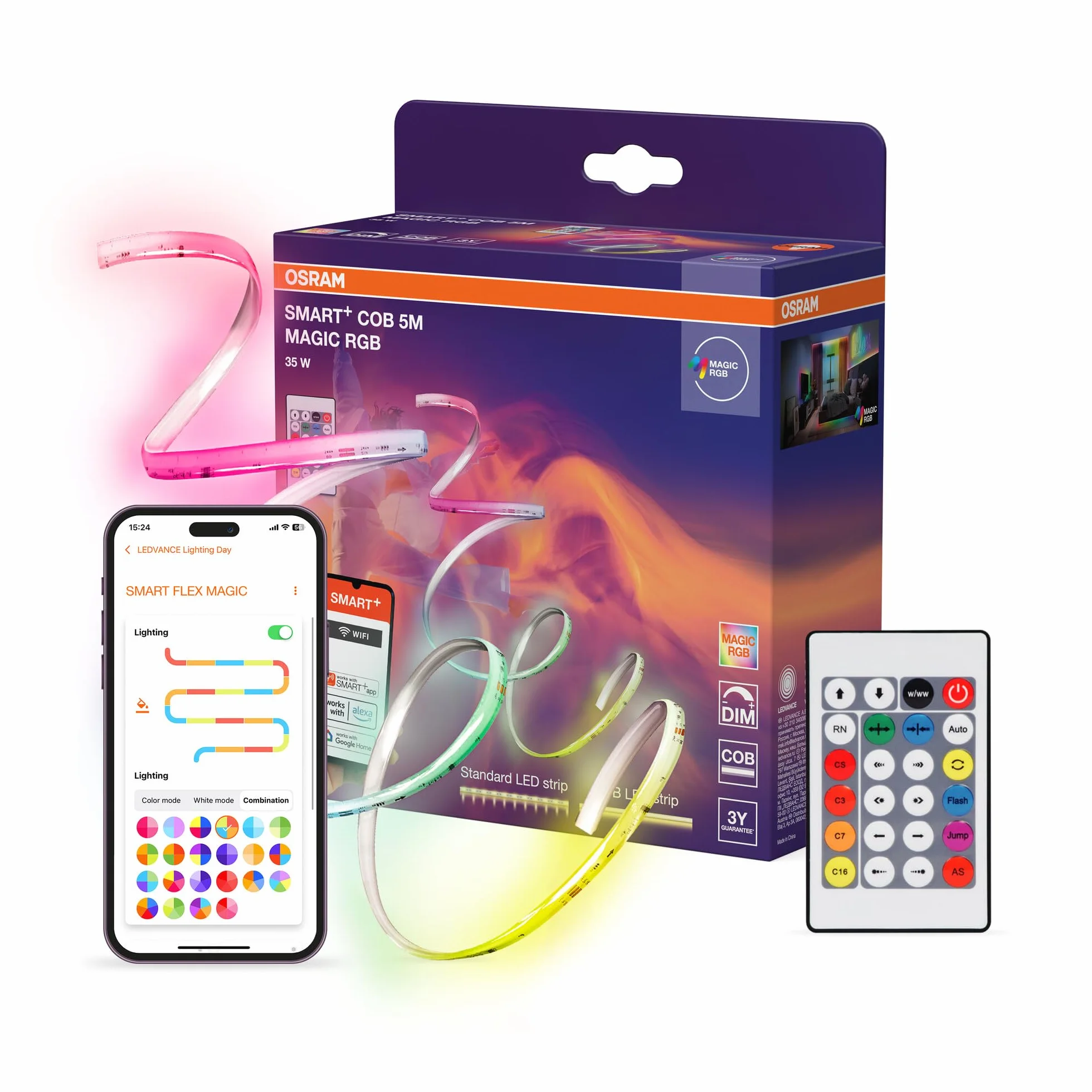 OSRAM SMART WIFI COB dekoracyjne kolorowe COB STRIPS z MAGIC RGB, WiFi i jednorodnym efektem świetlnym, ściemnialne, silikonowe, 5 m, niewymienne żarówki