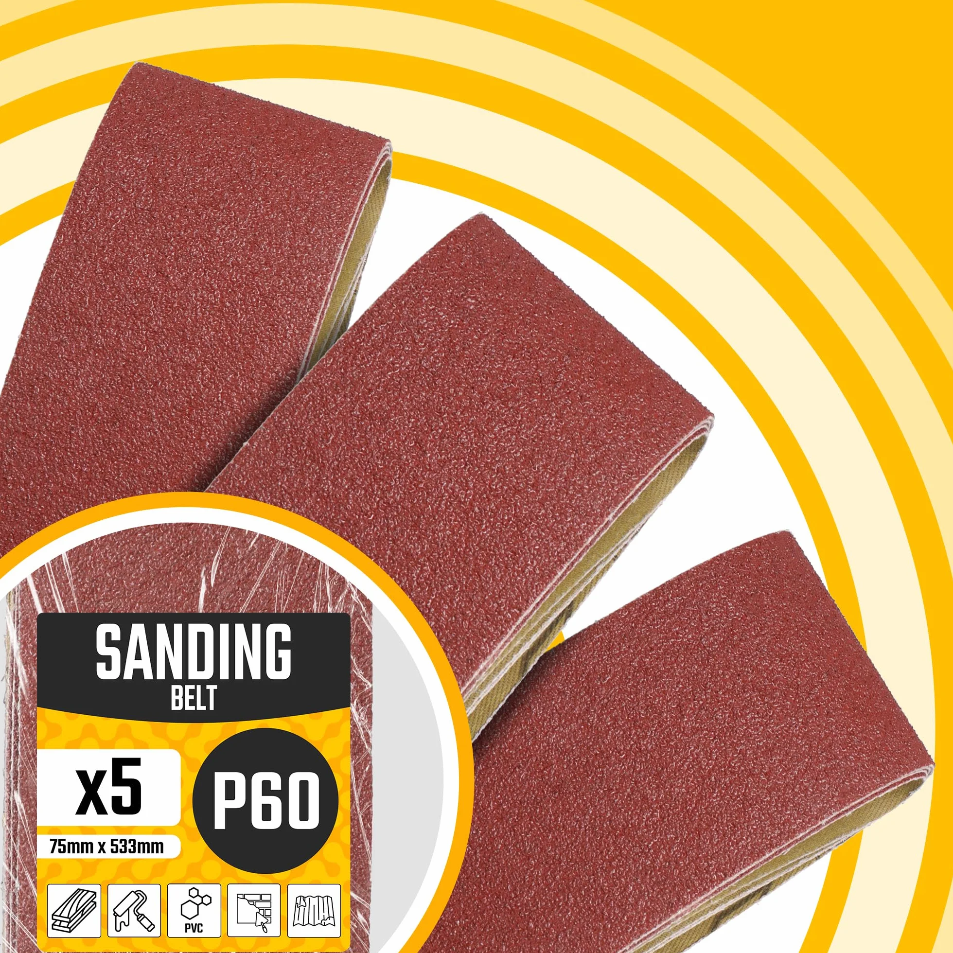 5x Pas Bezkońcowy 75x533 mm P60 Taśma Szlifierska Papier Ścierny Szlifierki Taśmowej Szlifowania Ostrzenia Usuwania Rdzy Zdzierania Wytrzymała Tkanina