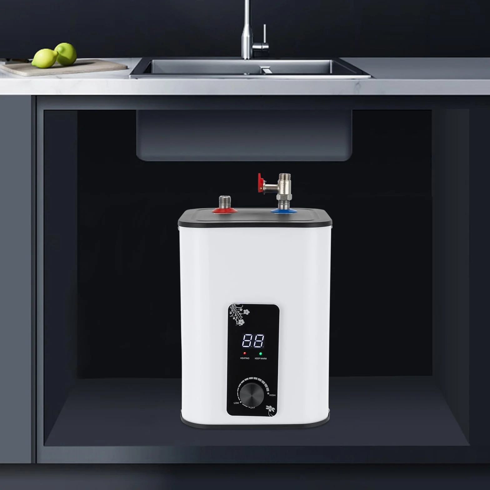 MINRS zbiornik na ciepłą wodę 8L podblatowy bojler 1500W mały odporny na ciśnienie zbiornik na ciepłą wodę z funkcją termostopu podblatowy bojler 0-65℃ Regulowana temperatura Regulowana do kuchni