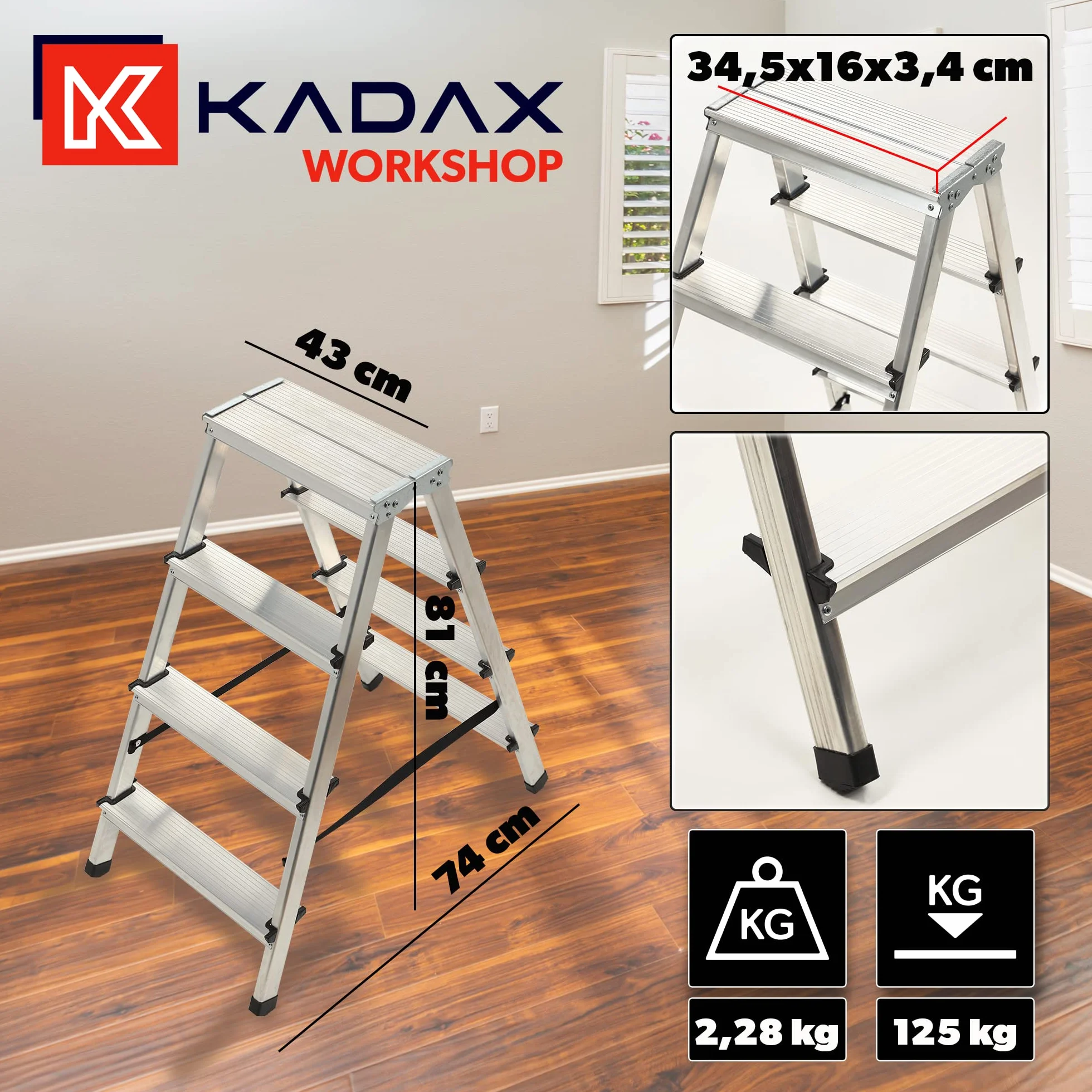 KADAX Drabina aluminiowa składana 4-stopniowa, antypoślizgowe stopki, udźwig do 125 kg, do wnętrz i na zewnątrz, stabilna i bezpieczna