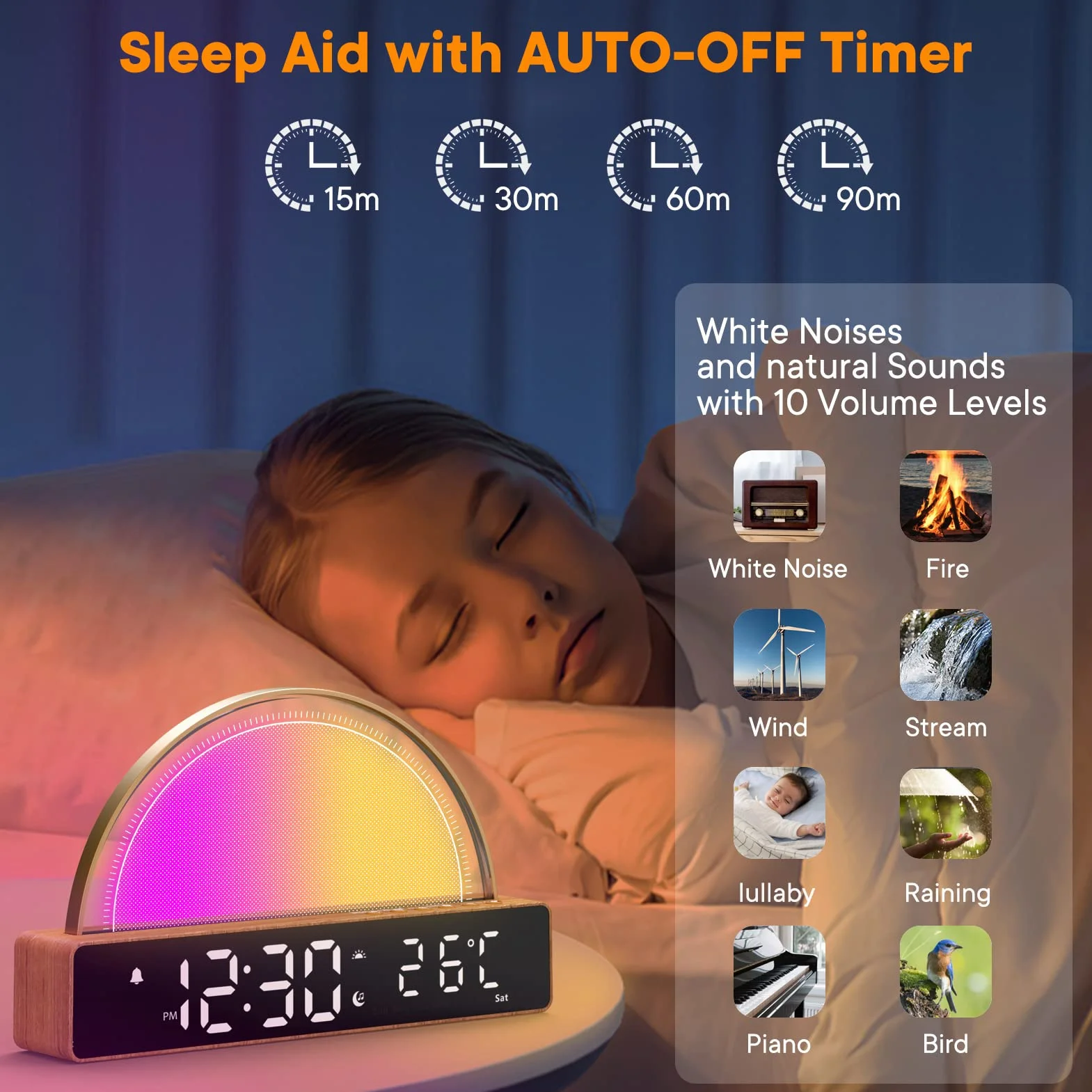 Budzik ze światłem, budzik świetlny, White Noise Machine, lampka nocna, dotykowa, ściemniana, lampa stołowa z 10 trybami do spania, funkcja drzemki, timer/wskaźnik temperatury, stacja ładująca USB,