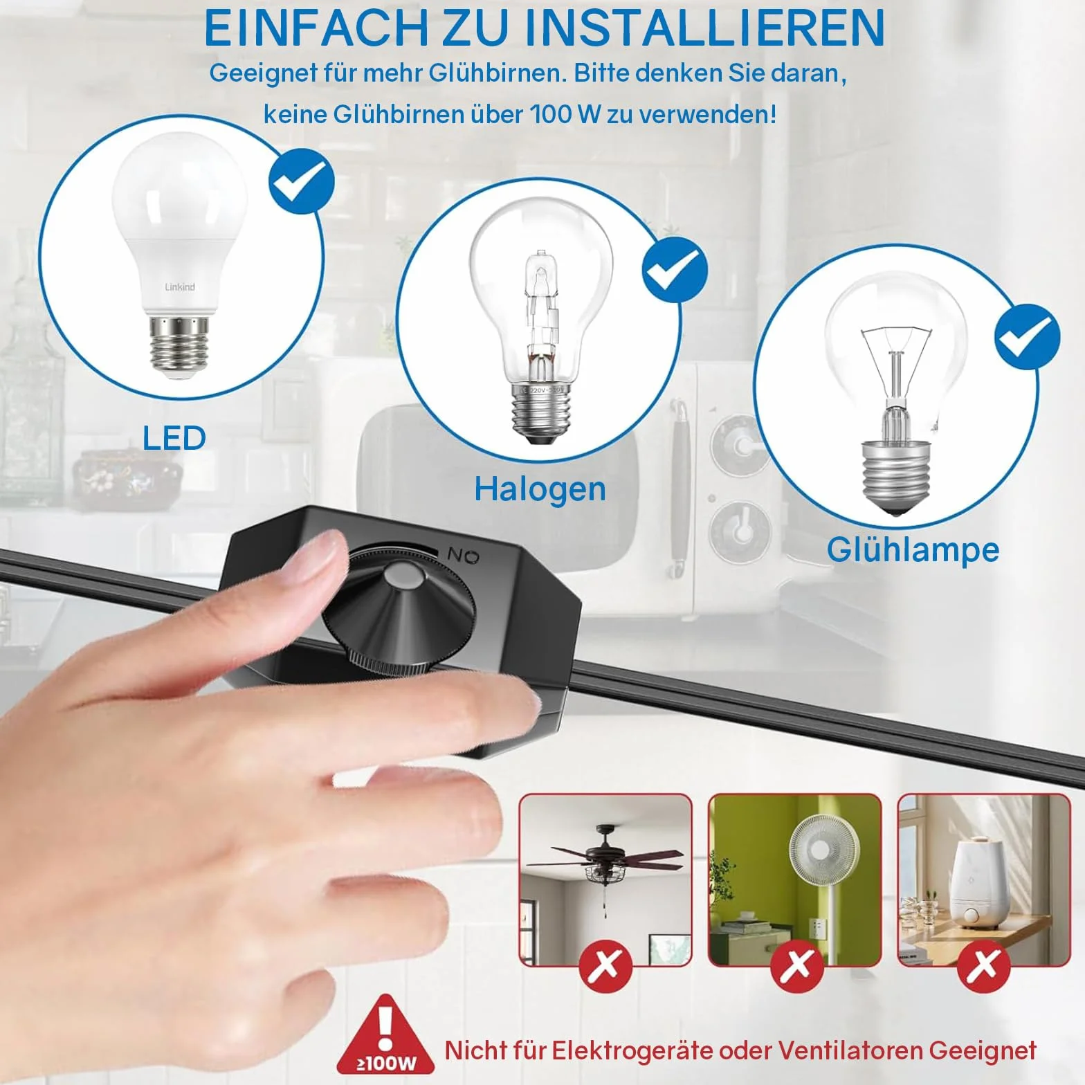 Powice ściemniacz LED z przełącznikiem - 2 metry Euro płaski wtyk do lamp LED, 220-250 V/100 W Max, gniazdo ściemniacza (czarne)