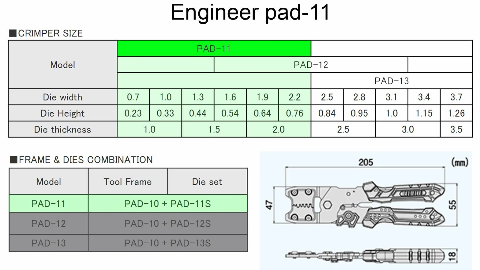 ENGINEER PAD-11 precyzyjne narzędzie do zaciskania z wymiennymi płytami matrycowymi rozmiar S pomarańczowy