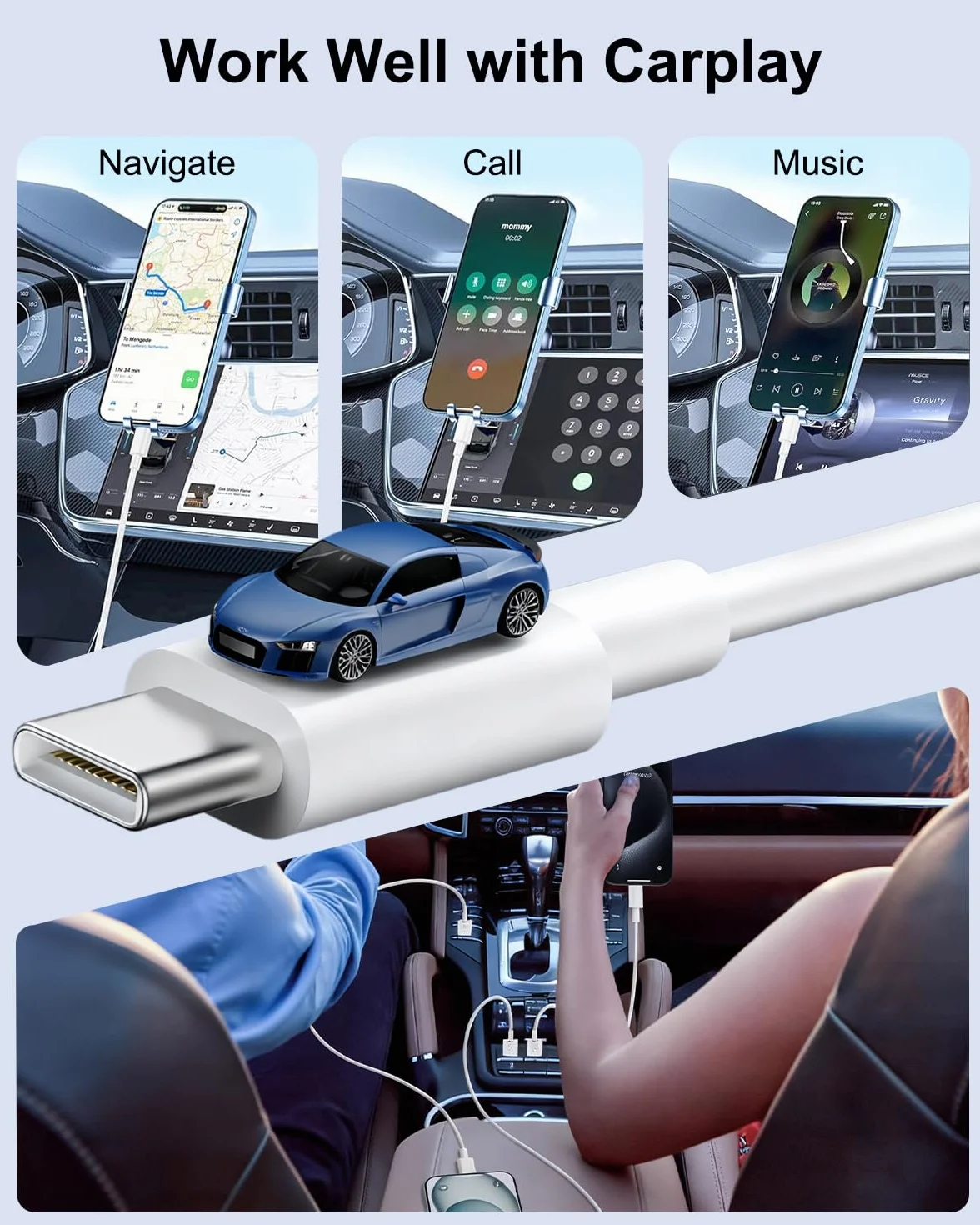 Kabel Carplay do iPhone'a 17/16/15, Kabel Ładujący USB C, zestaw 2 sztuki 1M + 2M kabel USB do USB C kabel Ładujący do iPhone'a Przewody do ładowania Przewód ładujący do iphone'a 17 16 15 Pro Max Plus