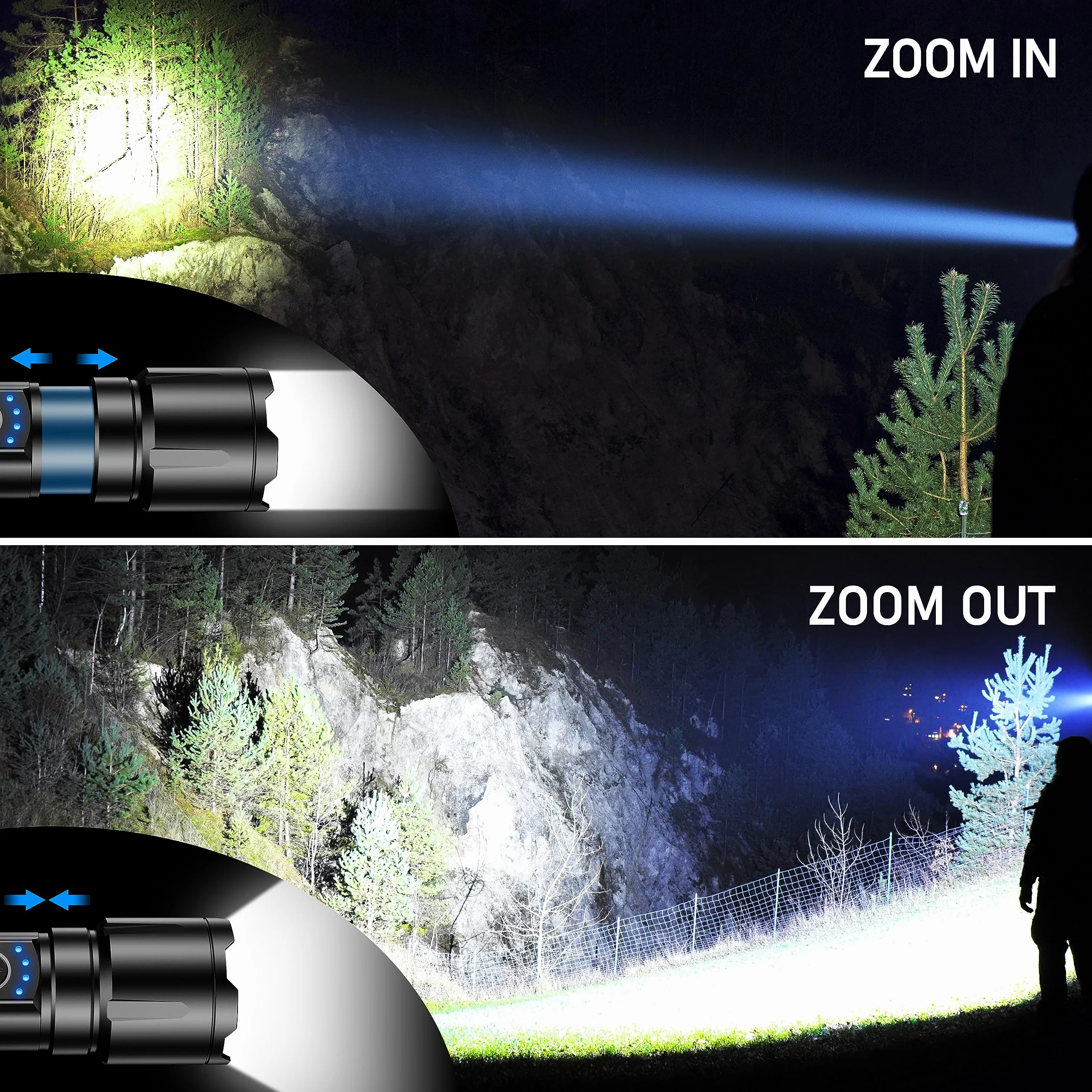 Blukar LED Latarka, Super Jasne Potężna Długotrwała Latarki, Regulowane Ogniskowanie, 5000 mAh, IP67 Wodoodporna na Przerwy w Dostawie Prądu, Camping, Wędrówki, Sytuacje Awaryjne