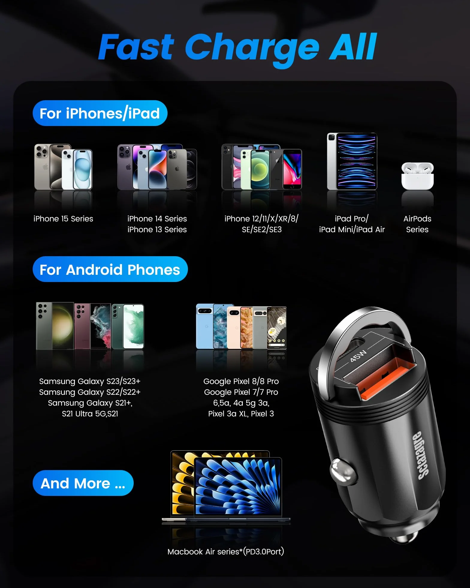 Ładowarka samochodowa USB C PD PPS 45W QC 3.0 szybka ładowarka mini metalowa do iPhone 14 13 12 Pro Max Samsung Huawei