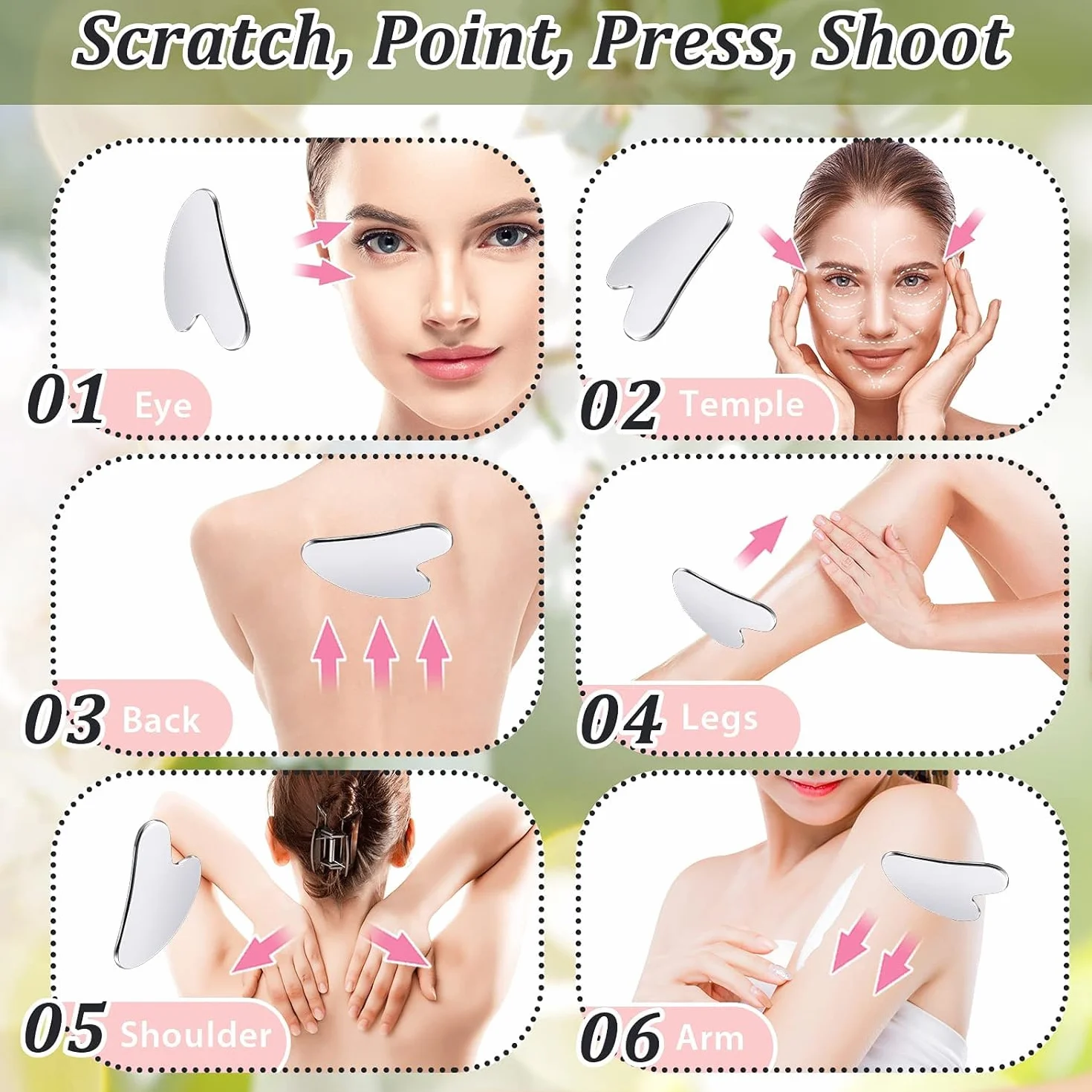 Narzędzia do twarzy Gua Sha ze stali nierdzewnej, deska GuaSha do akupunktury SPA, metalowa Gua Sha do ciała, twarzy, szyi i oczu, prezent do pielęgnacji skóry dla kobiet (srebrna)