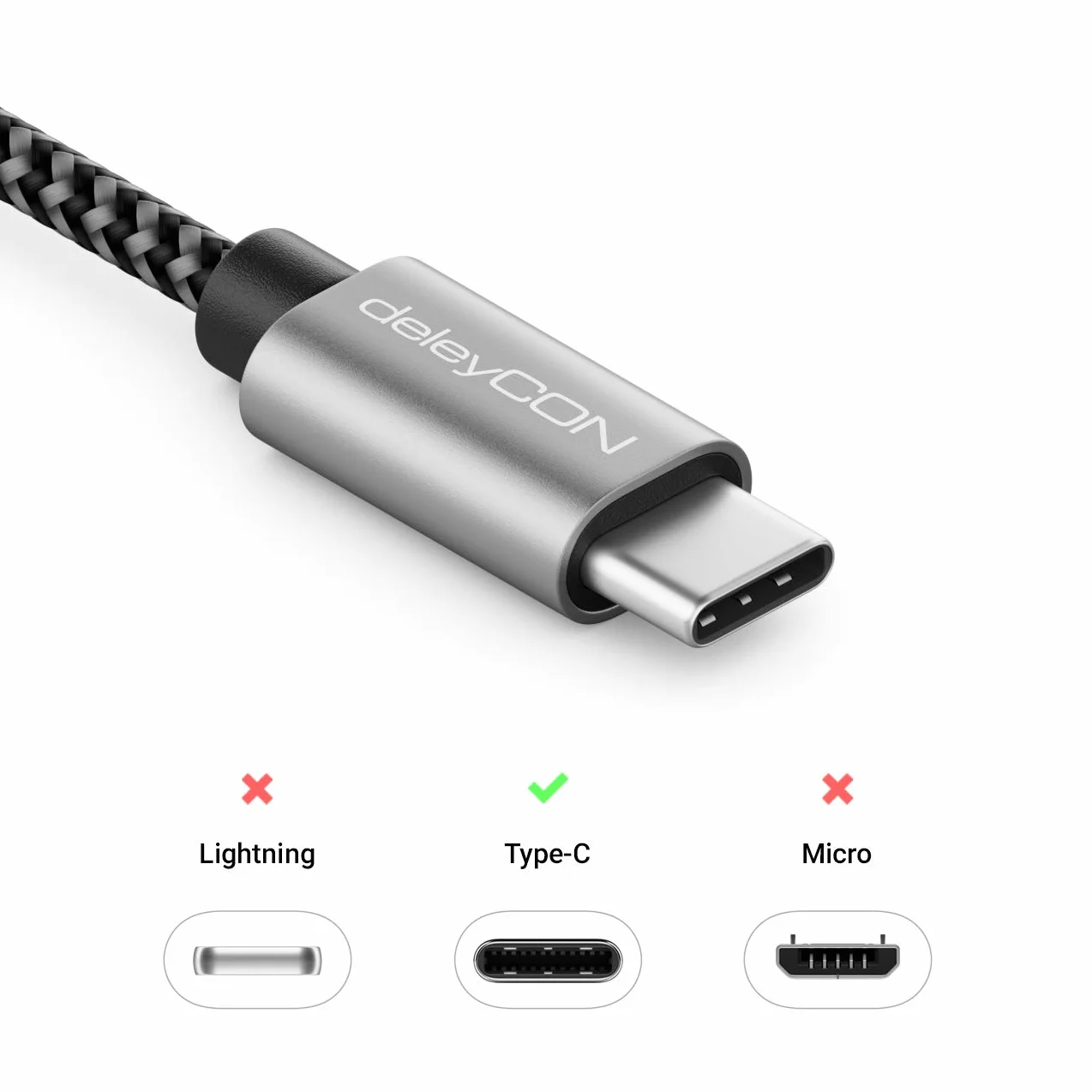 deleyCON 1m Nylon USB-C Kabel Ładowania Przewód Danych Metalowe Wtyki
