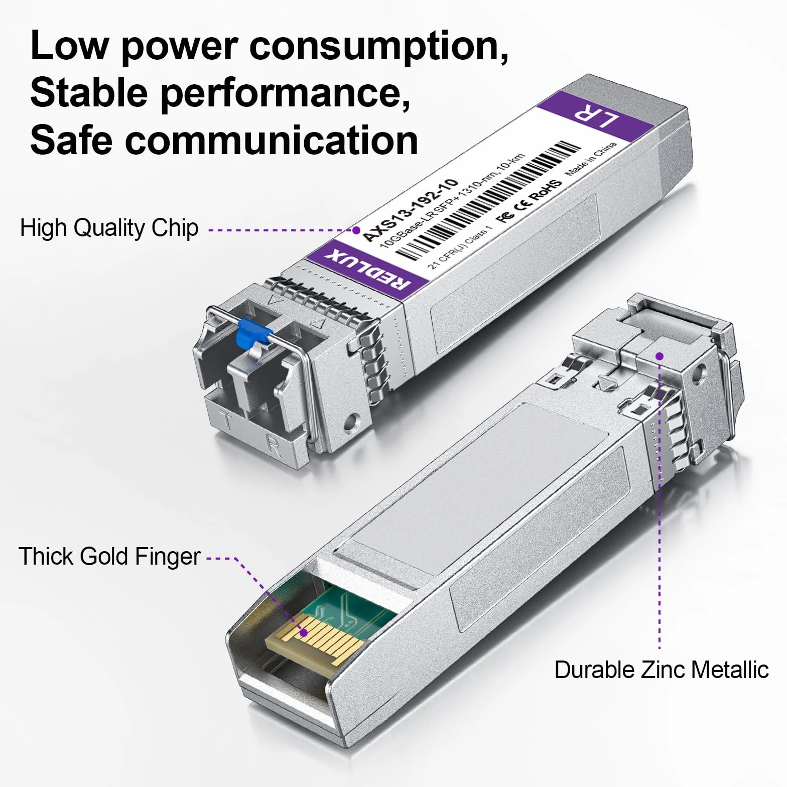 REDLUX 10G SFP+ LR jednomodowy moduł Gbic, 1310 nm SMF, podwójne złącze LC, do 10 km, kompatybilny z Cisco SFP-10G-LR, moduł światłowodowy 10GBase-LR do Cisco, Meraki MA-SFP-10GB-LR, Ubiquiti