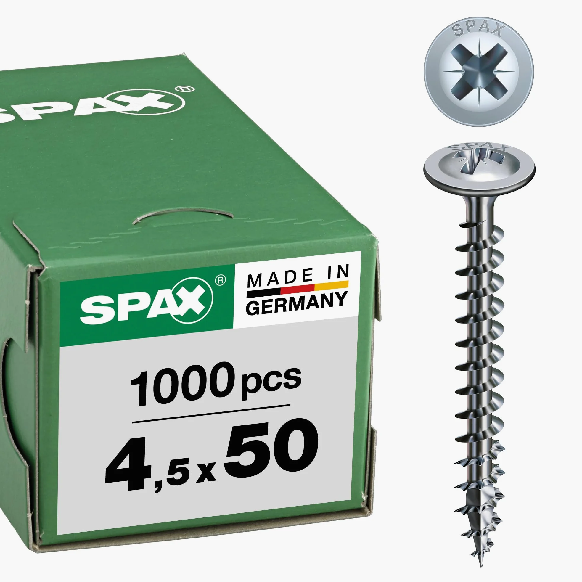 SPAX Śruba tylna ścianka, 4,5 x 50 mm, 1000 sztuk, gniazdo krzyżowe Z2, głowica tylna ścianka, pełny gwint, 4CUT, WIROX A3J, ocynkowana na połysk, 0281010450502