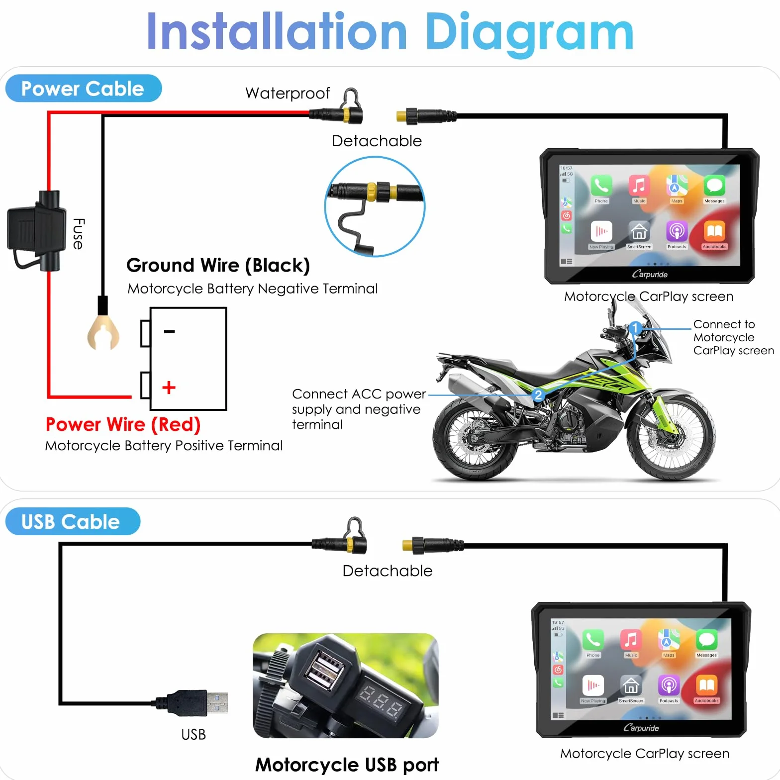 Carpuride W702 Motocyklowy ekran Carplay, bezprzewodowy CarPlay i Android Auto, wodoodporny ekran dotykowy 17.8 cm, podwójny Bluetooth, nawigacja, Siri.