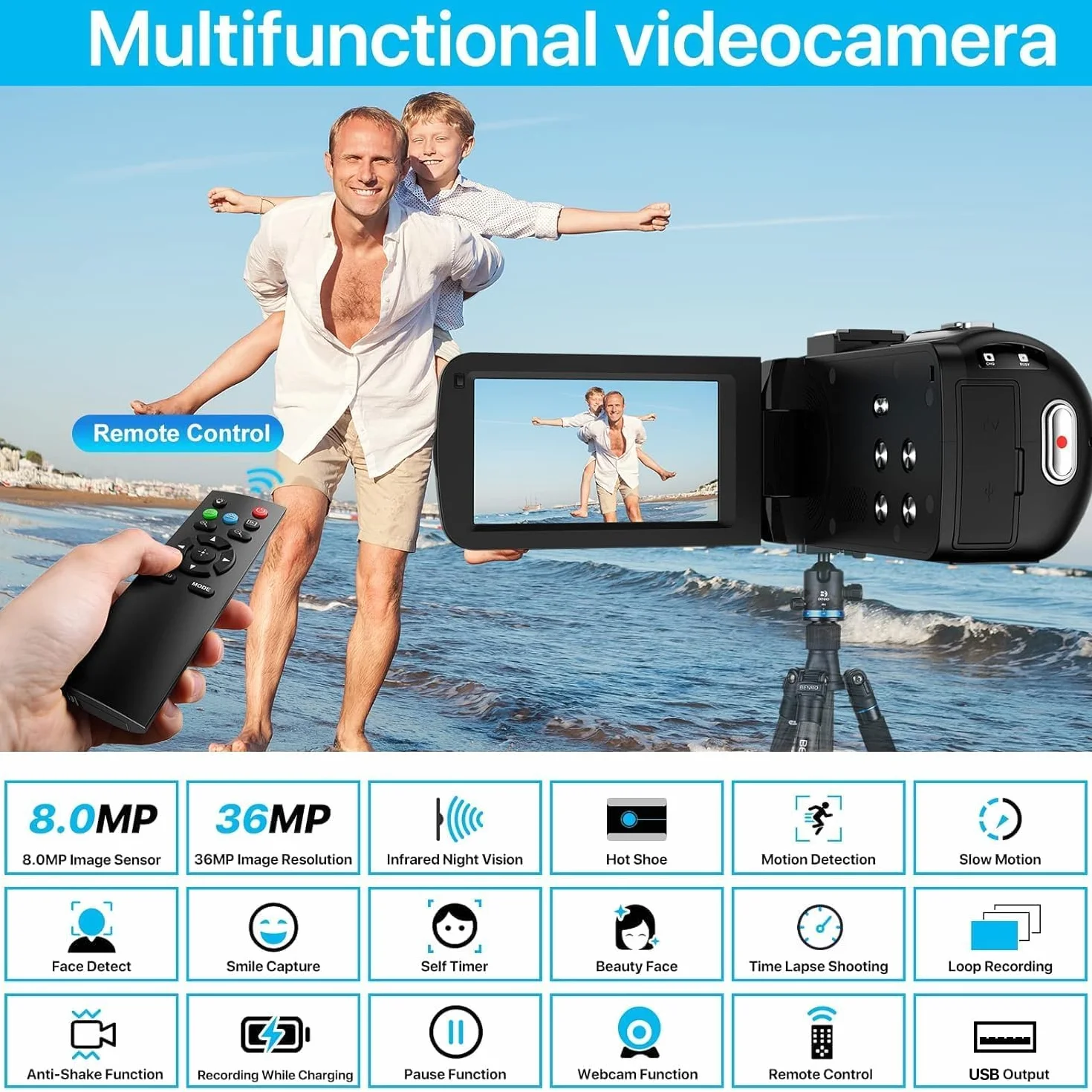 Kamera wideo Camcorder 1080P 30FPS 36MP Vlogging Kamera Recorder do YouTube, cyfrowa kamera wideo z noktowizorem IR, 3.0'' ekran IPS, zoom cyfrowy x16, cyfrowa kamera z pilotem zdalnego sterowania, 2