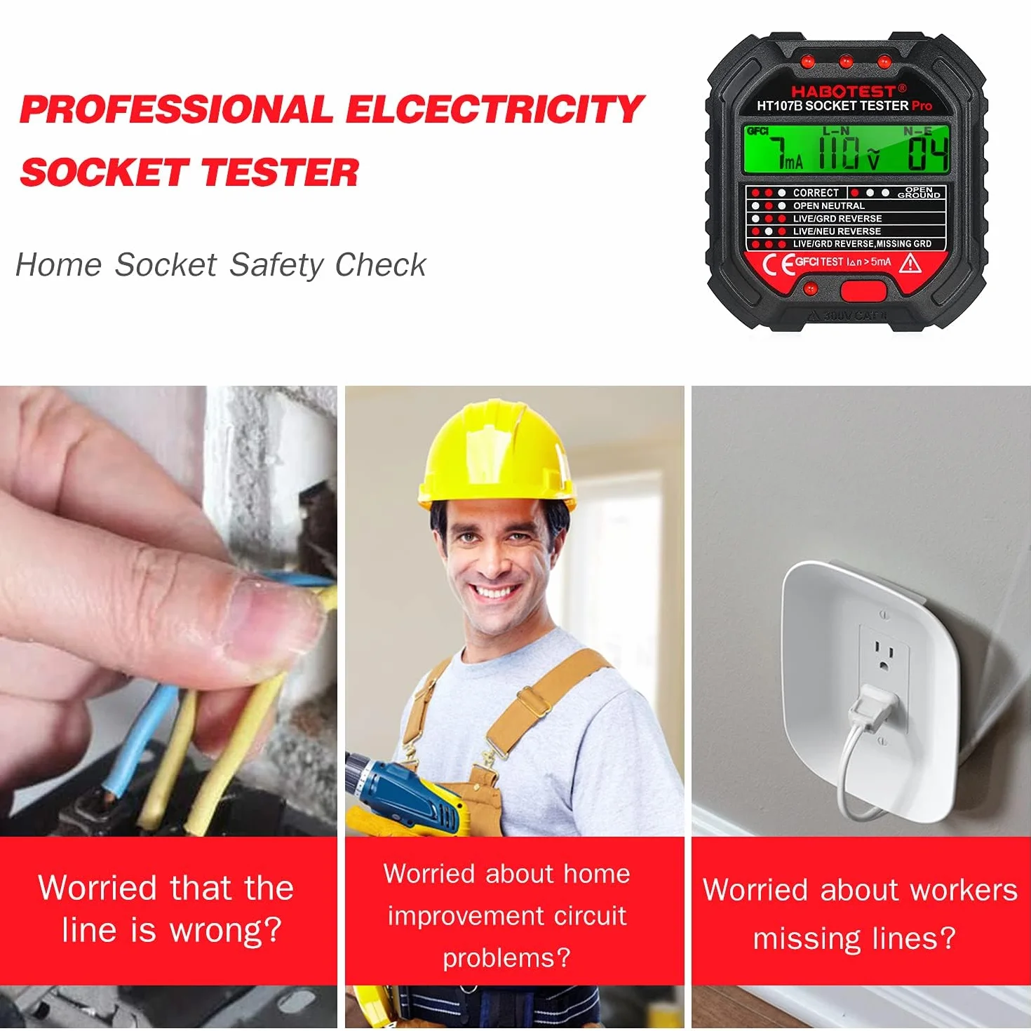 Tester gniazdek z kontrolką RCD, tester gniazd z kontrolką, 6 rodzajów diagnostyki błędów, tester napięcia, CAT ll 300 V