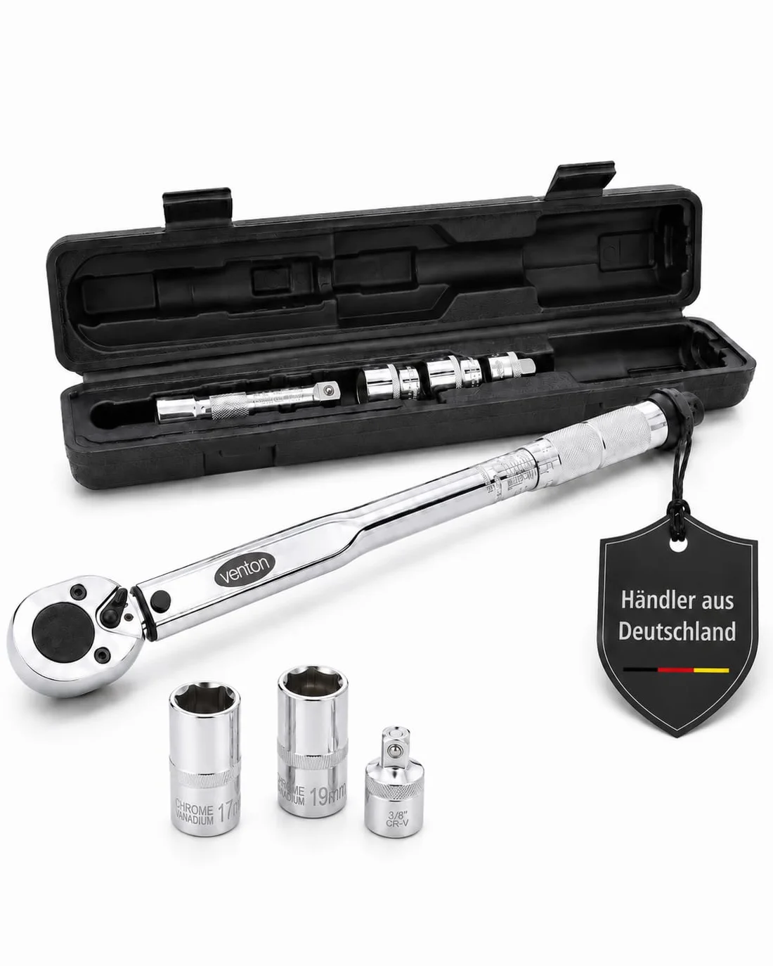 VENTON Klucz dynamometryczny 10-210 Nm zestaw 1/2" wraz z adapterem 3/8" | precyzyjne narzędzie samochodowe do wymiany kół z grzechotką