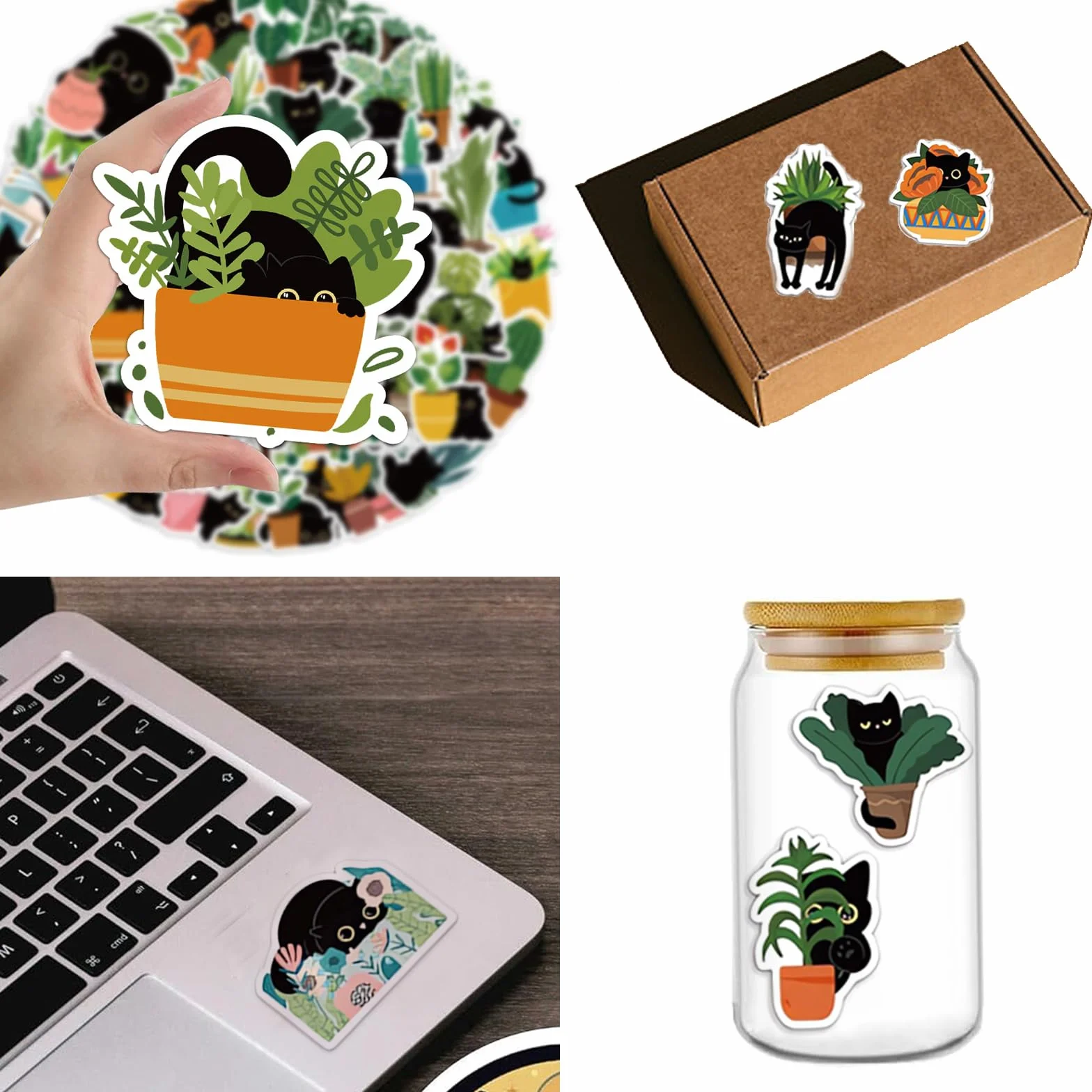 Kawaii naklejki winylowe wodoodporne 60 sztuk 4-6 cm czarne koty rośliny laptop deskorolka rower