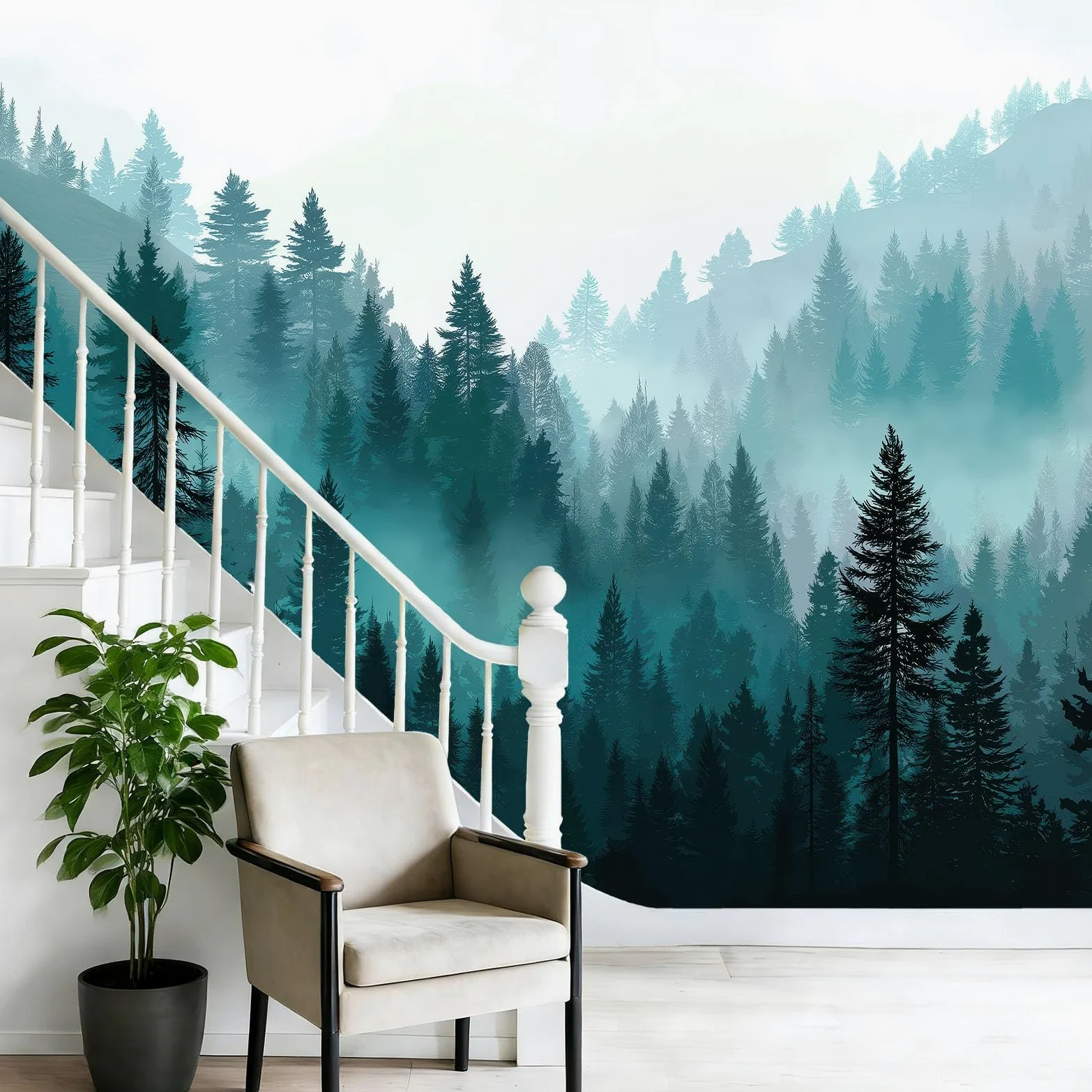 Fototapeta 300 x 210 cm ściany dekoracja salonu design naturalny krajobraz mgła las sosnowy do sypialni salonu tapeta z włókniny, niebieski