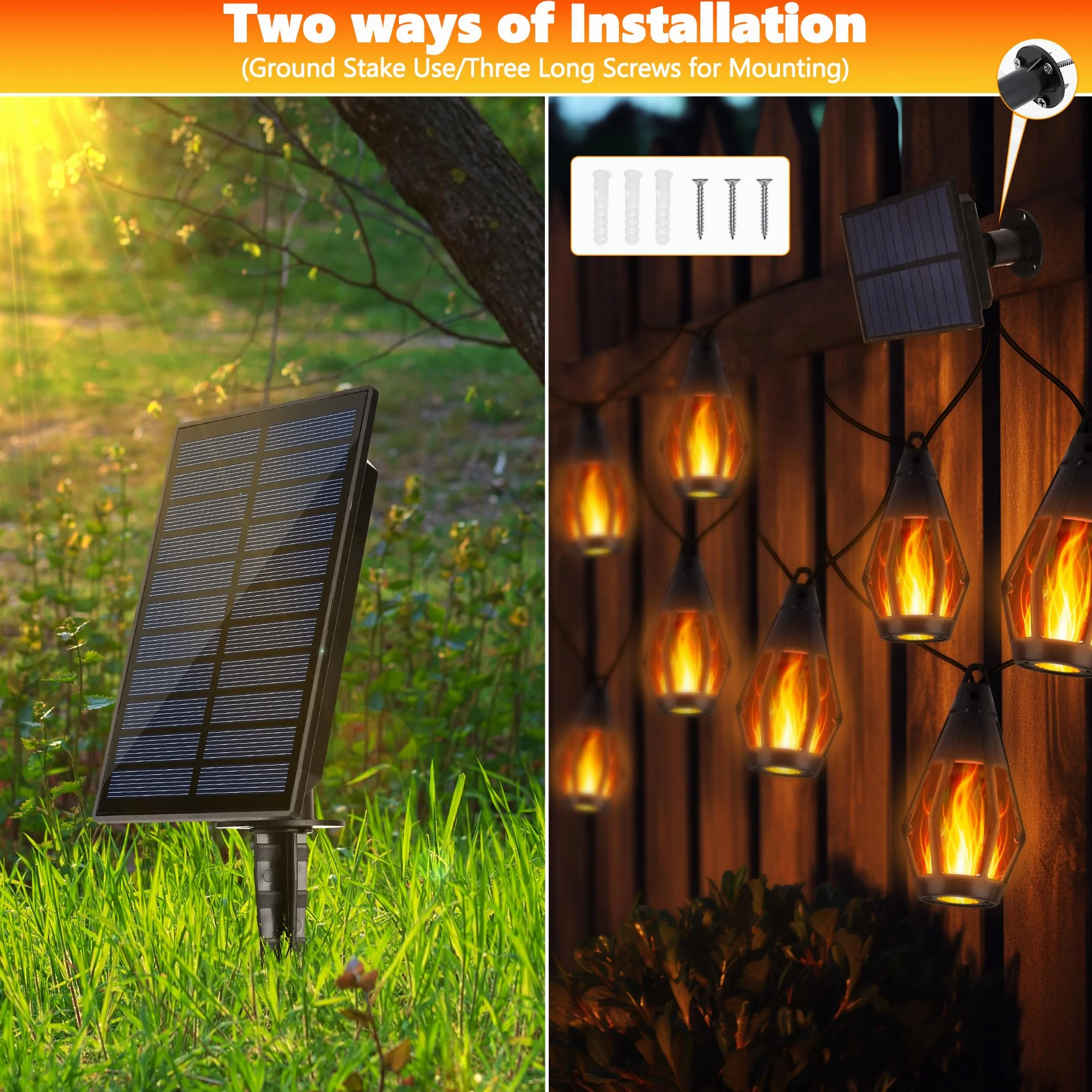 Solarna listwa świetlna z płomieniami, 12,6 m, 15 diod LED, do użytku na zewnątrz, do ogrodu, na taras, dekoracja