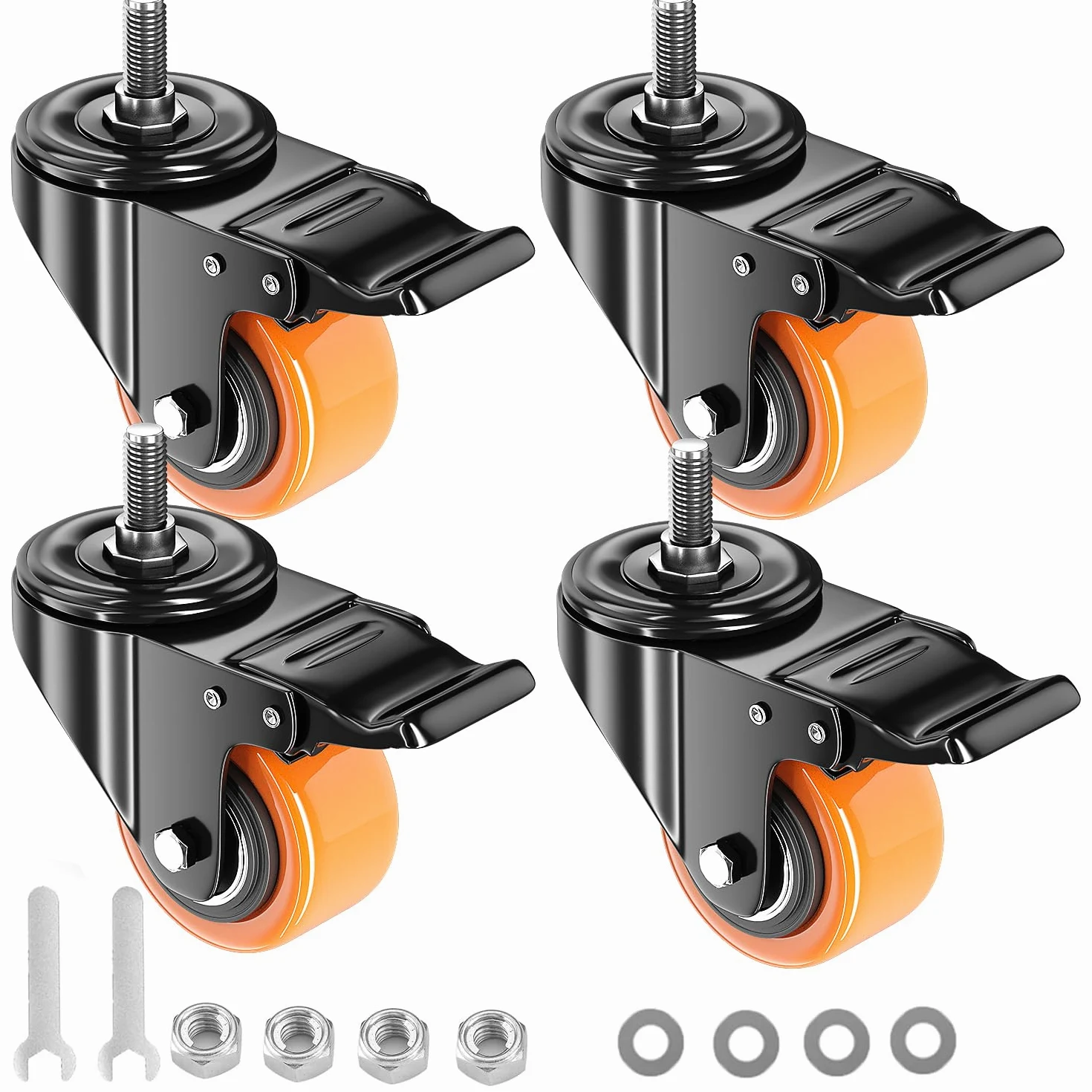 Zestaw 4 kółek 2-calowych z gwintowanym trzpieniem, wytrzymałych, 1/2"-13 x 1 (średnica śruby 1/2", długość trzpienia 1"), bezpieczne, podwójnie blokowane kółka przemysłowe, do wózków i mebli