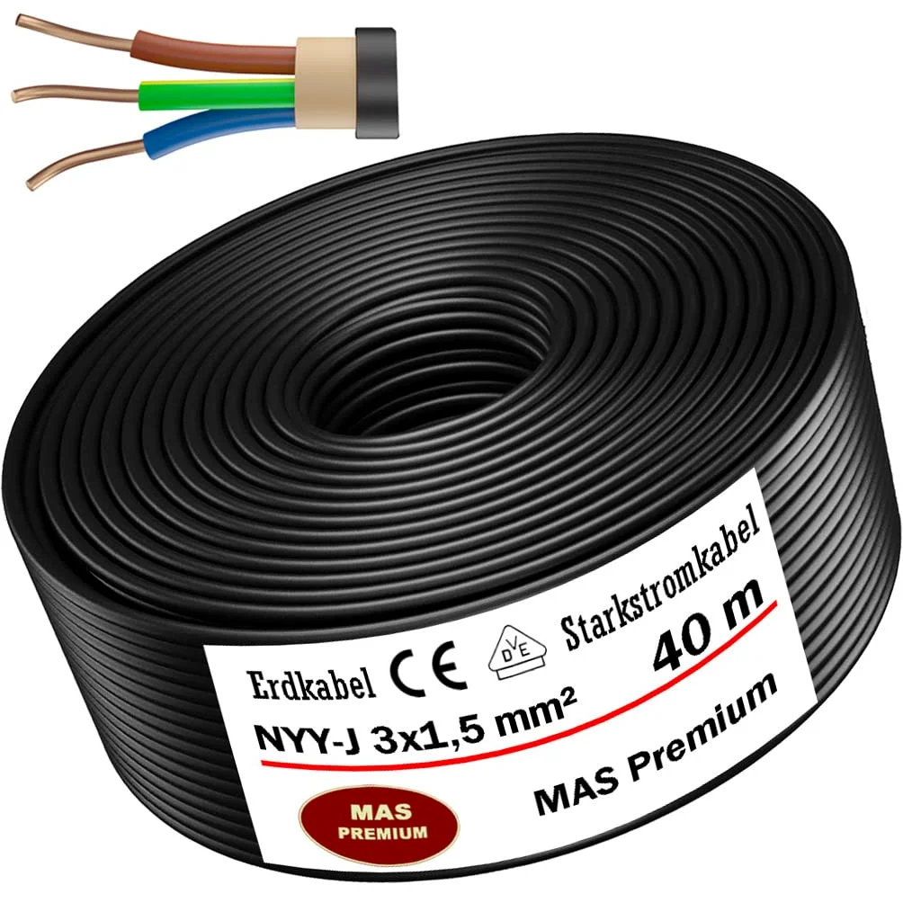 MAS Premium NYY-J Kabel Ziemny Elektryczny 3x1,5-16mm² lub 5x1,5-16mm² - Do Układania Na Świeżym Powietrzu (NYY-J 3x1,5mm², 40m)