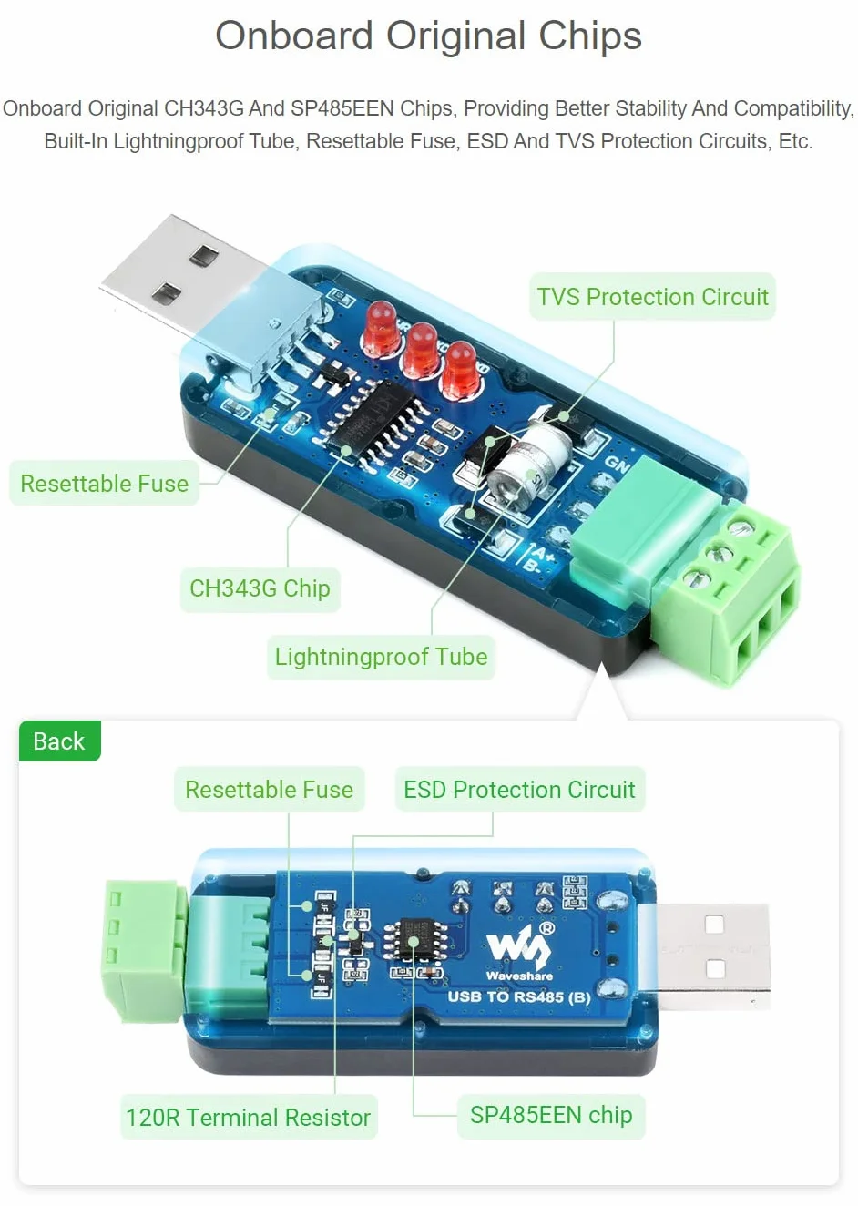 Waveshare Industrial USB TO RS485 Bidirectional Converter Onboard Original CH343G Multi-Protection Circuits
