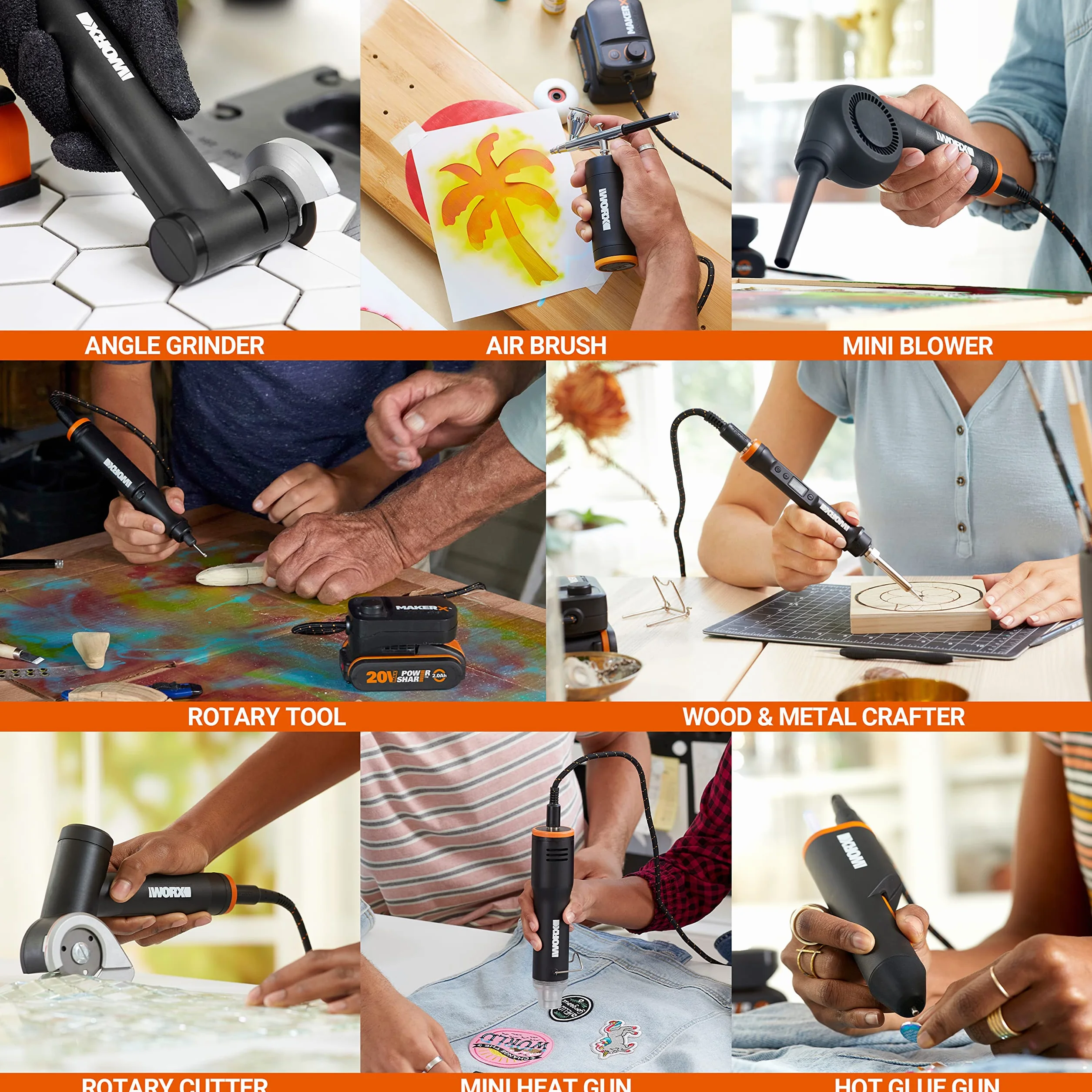 WORX MakerX 18V (20 V MAX) narzędzie obrotowe + grawer do drewna i metalu + szlifierka kątowa, zestaw Combo 3 narzędzia WX991, PowerShare, 1 bateria w zestawie, 48 akcesoriów w zestawie