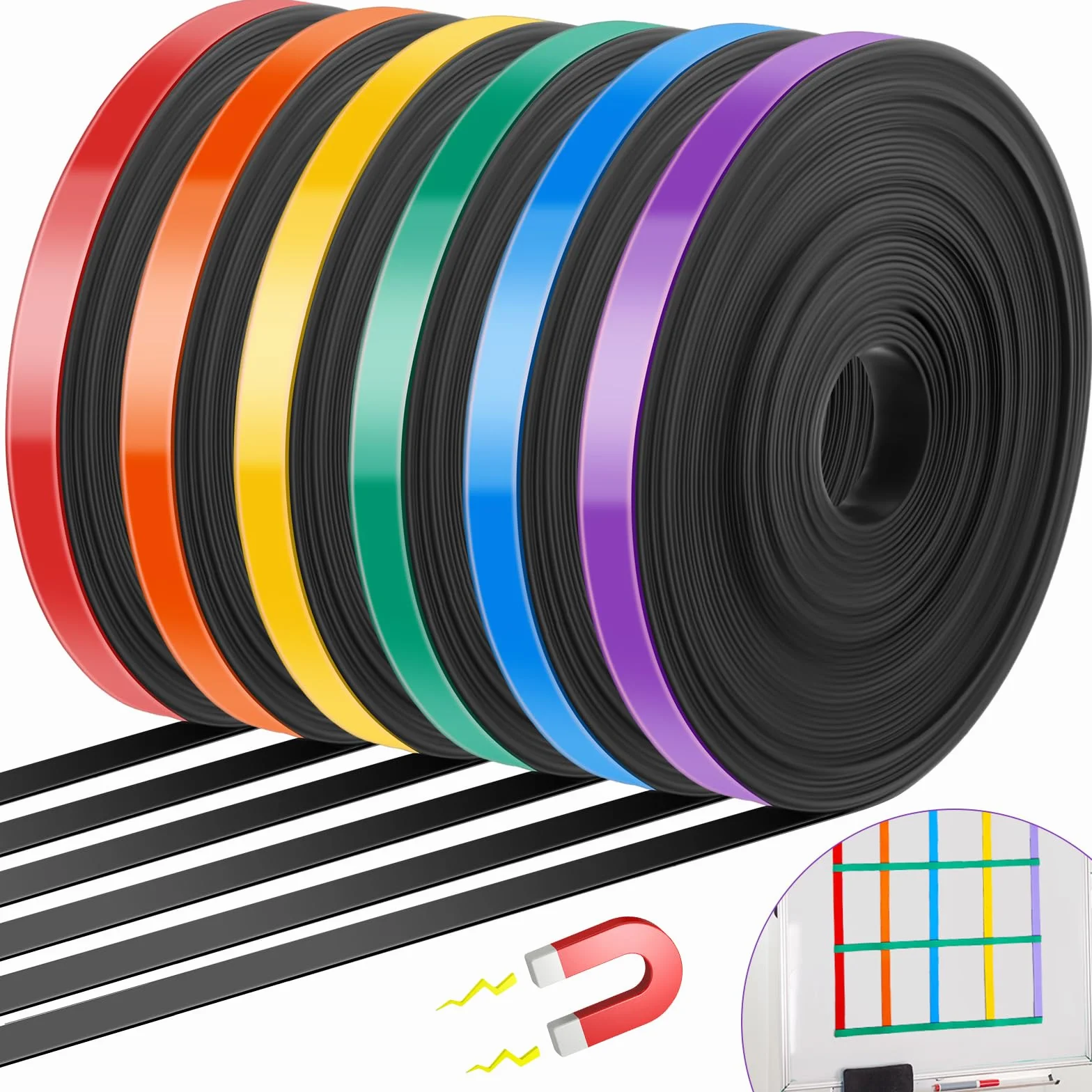 6 rolek taśmy magnetycznej, kolorowe, cienkie paski, 1 cm x 10 m, tablica magnetyczna, graficzna taśma dekoracyjna do znakowania linii, taśma magnetyczna, kolory tęczy, taśma magnetyczna do