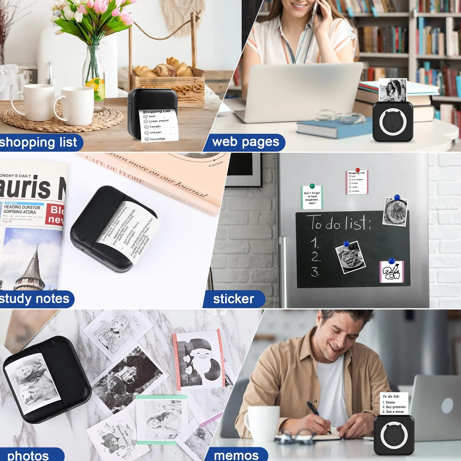 GuKKK Mini drukarka, mobilna drukarka fotograficzna, przenośna mini drukarka fotograficzna, bezprzewodowa drukarka fotograficzna, drukarka Bluetooth, pomoc w nauce, notatki, dziennik, notatki