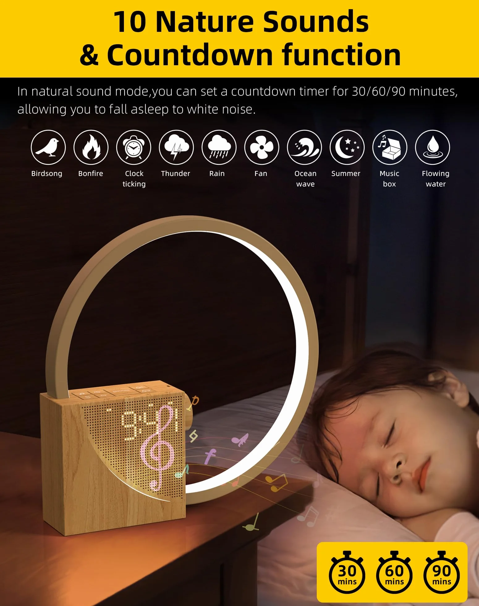Lampka nocna LED 10 W z 2 budzikami, budzik, portami ładowania USB, 10 białych szumów i 3-stopniowa jasność, lampka nocna, sterowanie dotykowe, pomoc w zasypianiu dla dzieci i dorosłych