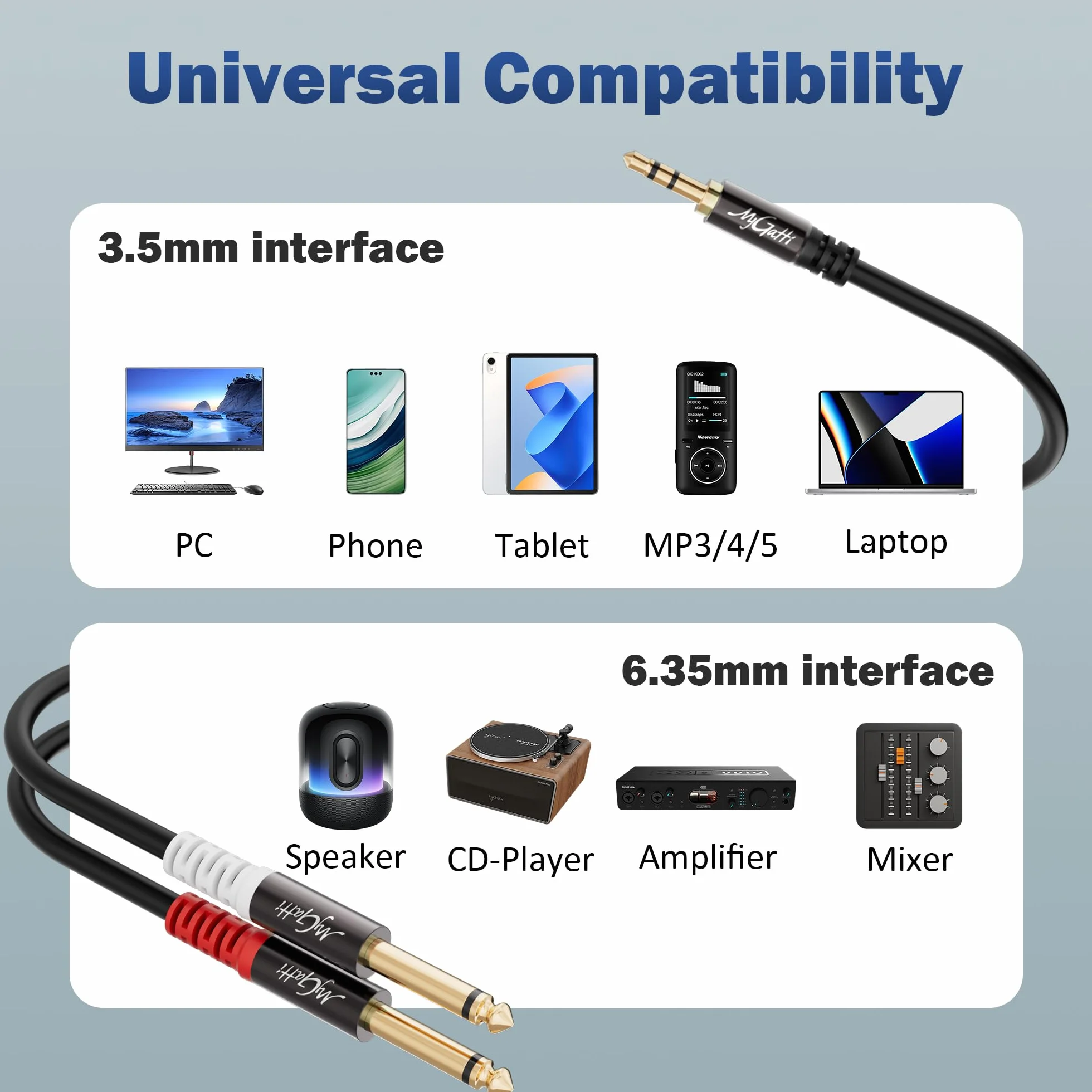 3,5 mm TRS na 2 x 6,35 mm TS Mono Y stereo kabel audio 1 m, wtyczka na wtyczkę, rdzeń OFC, do miksera, nagrywarki, gitary, wzmacniacza, mikrofonu, laptopa, odtwarzacza CD itp. + 5 opasek