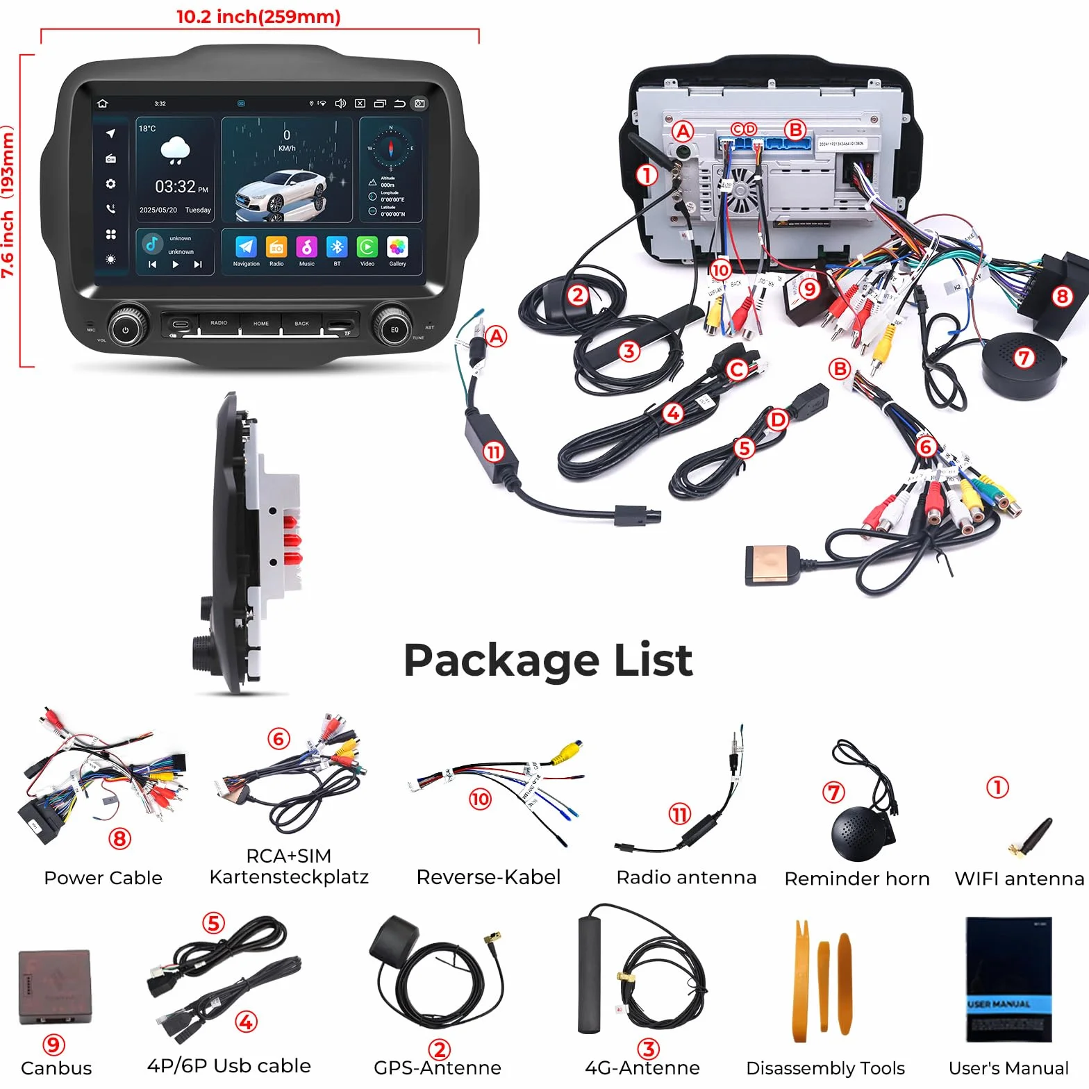 Radio samochodowe do Jeep Renegade 2015-2020 z 9-calowym ekranem dotykowym Android 14, obsługa bezprzewodowego CarPlay Android Auto, nawigacja GPS Bluetooth 5.0 WiFi 4G FM RDS DSP SWC DAB (4 +