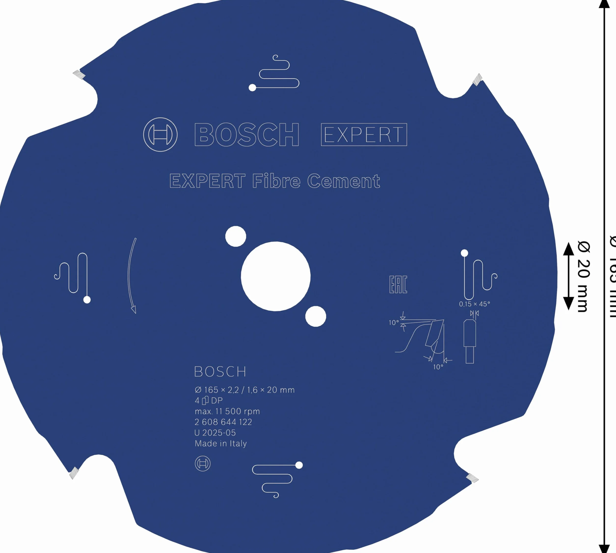 Bosch Professional 1 x brzeszczot do piły tarczowej Expert for Fiber Cement (cement włóknisty, brzeszczot Ø 165 x 20 x 2,2 mm, 4 zęby, akcesoria piła tarczowa)
