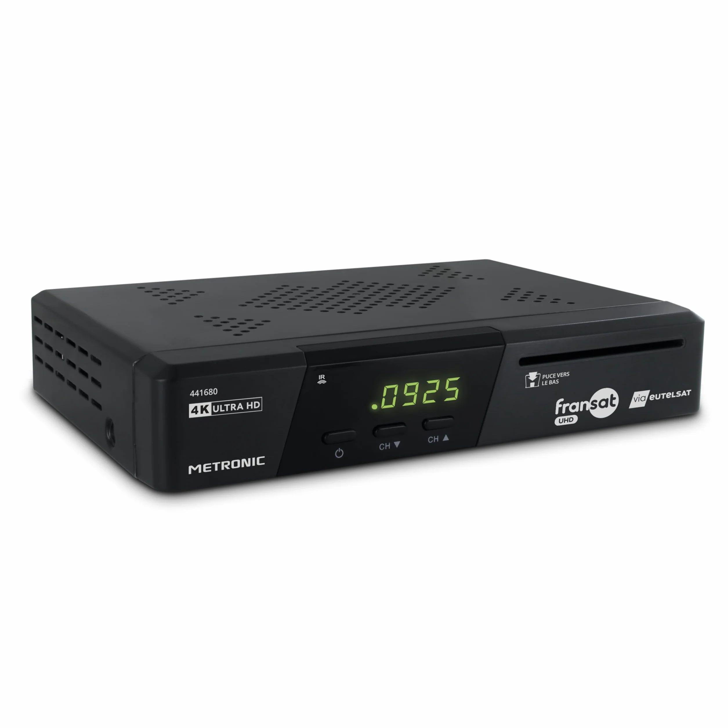 METRONIC Dekoder telewizji satelitarnej 441680 Fransat 4K UHD HDR10, darmowy odbiór telewizji NT, dźwięk Dolby Atmos, port USB z podwójną mocą, karta Fransat w zestawie, pauza i odtwarzanie telewizji