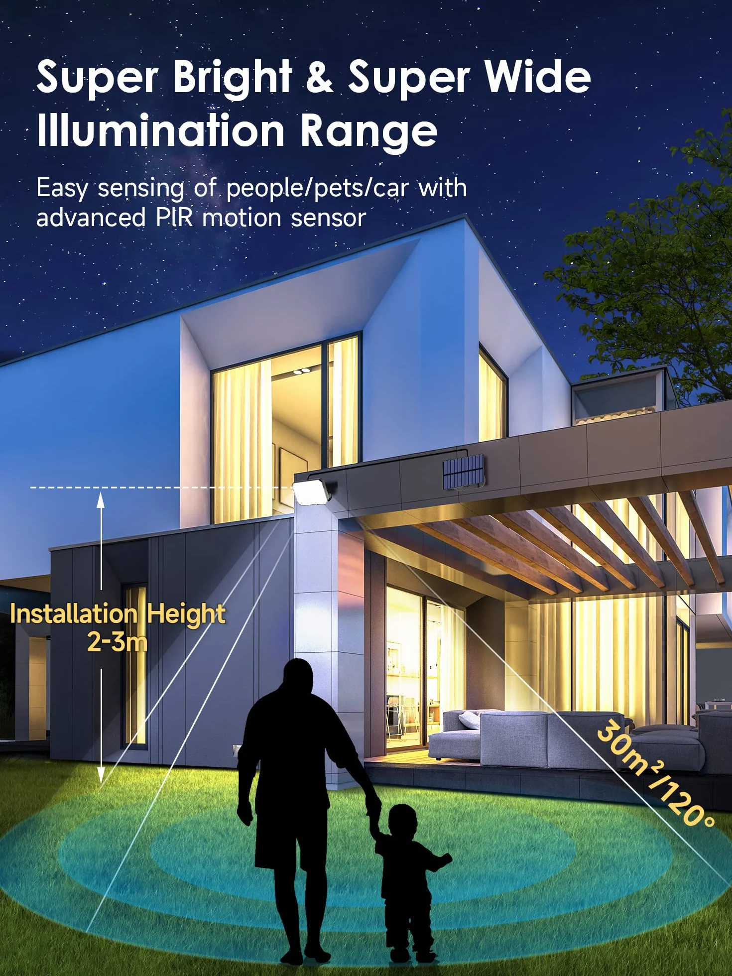 Zewnętrzna lampa solarna z czujnikiem ruchu, 190LED 1500 lm, zewnętrzna lampa słoneczna, 3 tryby + pilot zdalnego sterowania solarne oświetlenie zewnętrzne, 2200 mAh, zewnętrzny reflektor solarny,