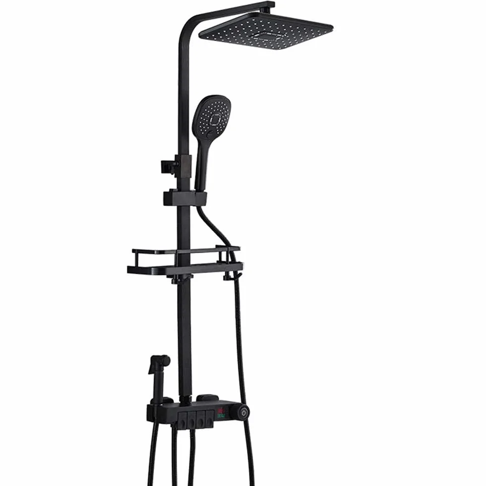 Bateria termostatyczna do łazienki czarny, zestaw prysznicowy z ekranem LED i półką, głowica prysznicowa 10 x 30 cm z prysznicem, system mieszania z głowicą prysznicową-chrom-B