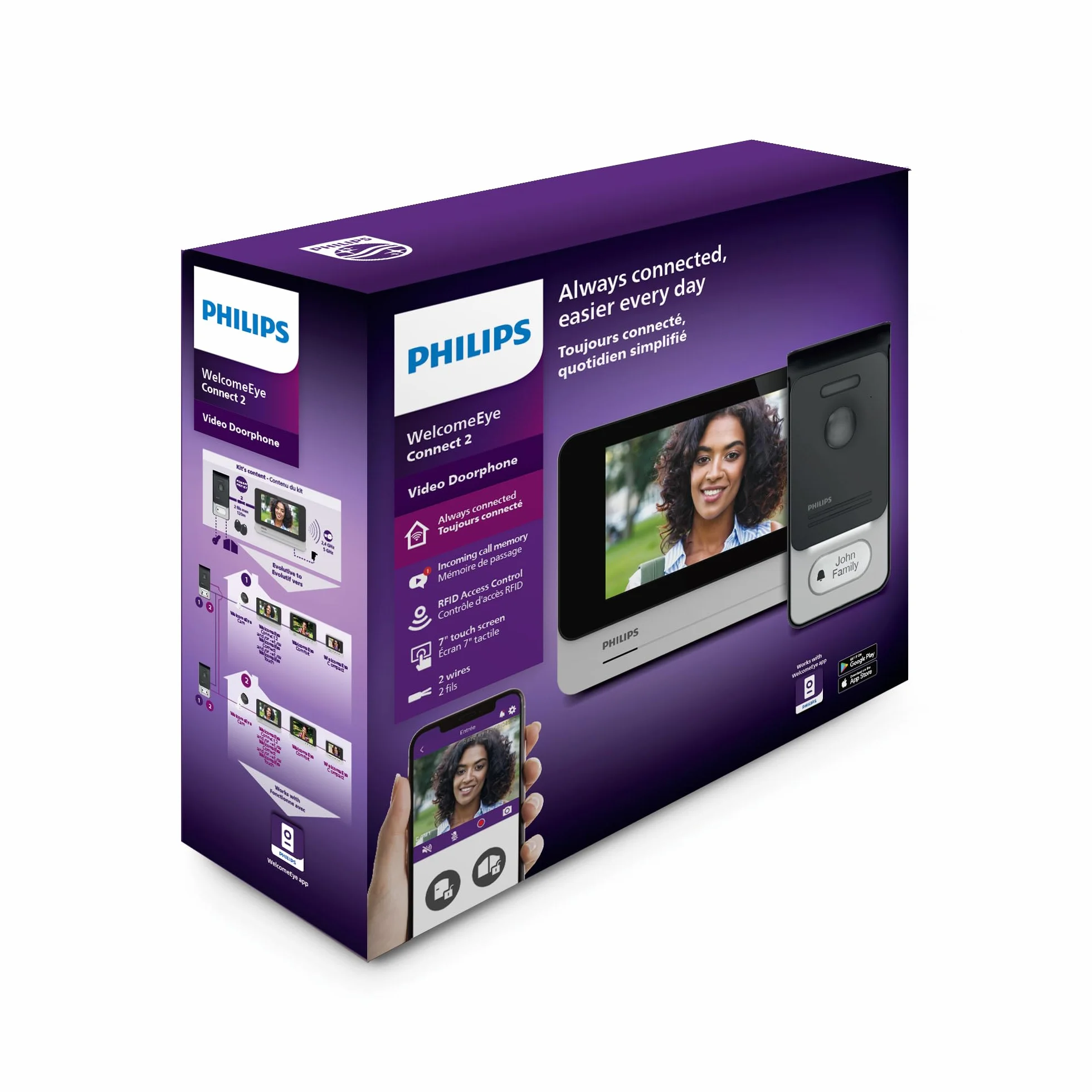 Philips Welcome - Wideofon - Eye Connect 2, Wideofon podłączony do smartfona, kontrola dostępu RFID, funkcja wiadomości o braku odwiedzających, funkcja komunikacji i monitorowania - 531036