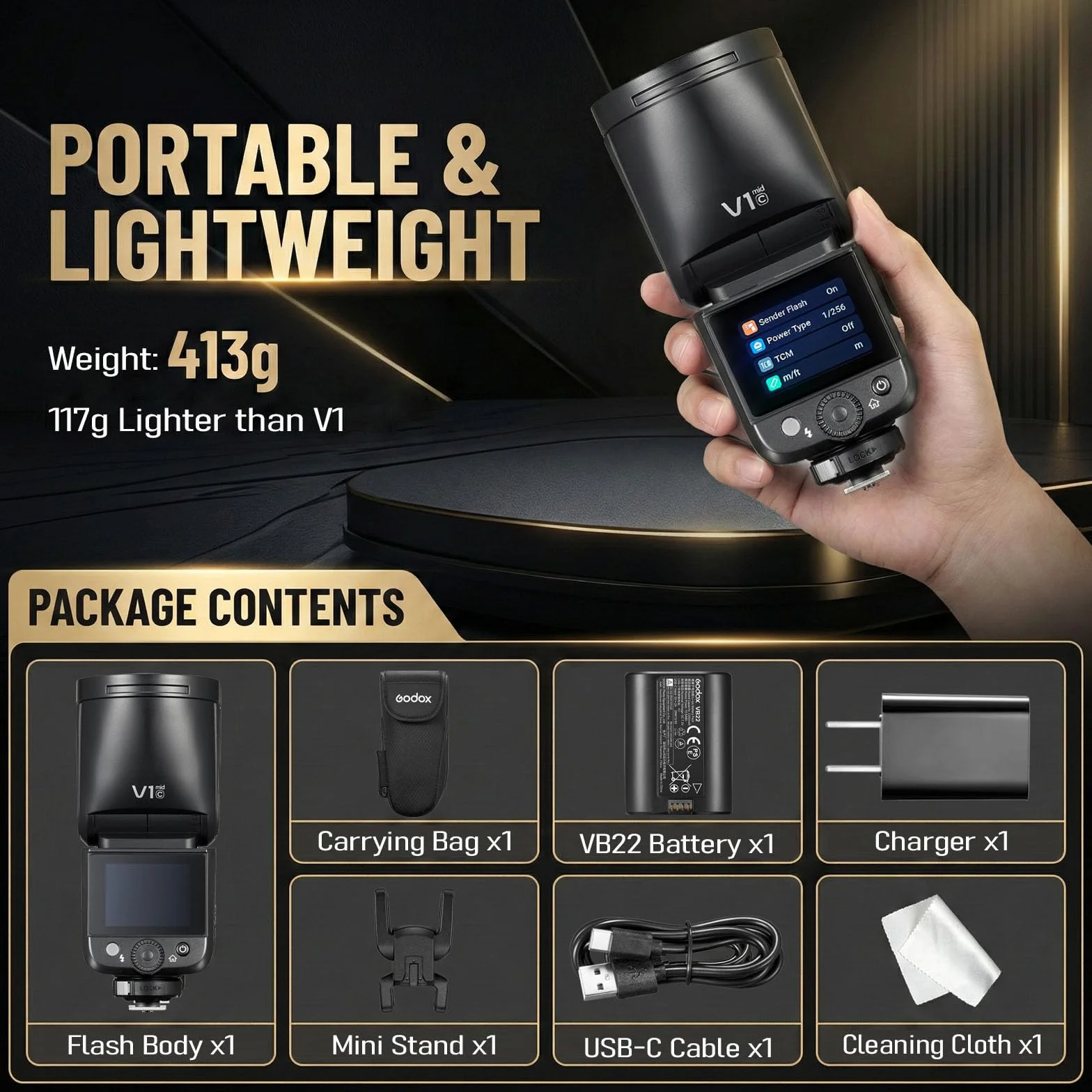 Godox V1 mid S lampa błyskowa TTL z okrągłą głowicą do Sony, bezprzewodowa 2,4G z 2″ ekranem dotykowym, czas ładowania 1,7s i do 650 błysków przy pełnej mocy, HSS 1/8000s, lampa modelująca LED 2W