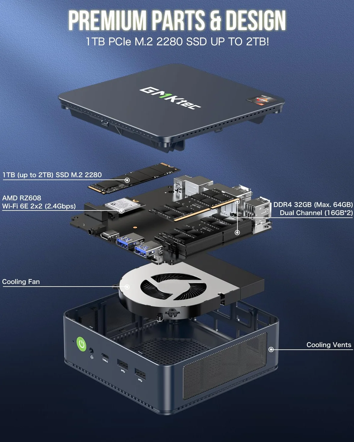 GMKtec Mini komputer 5825U, mikrokomputer biurkowy M5 Plus Dual LAN 2.5 G, AMD Ryzen 7 5825U (8 C/16 T4,50 GHz), 32 GB DDR4 RAM + 1TB PCIe-SSD, wi-fi 6E, USB 3.2, USB-C, BT 5.2, DP, HDMI